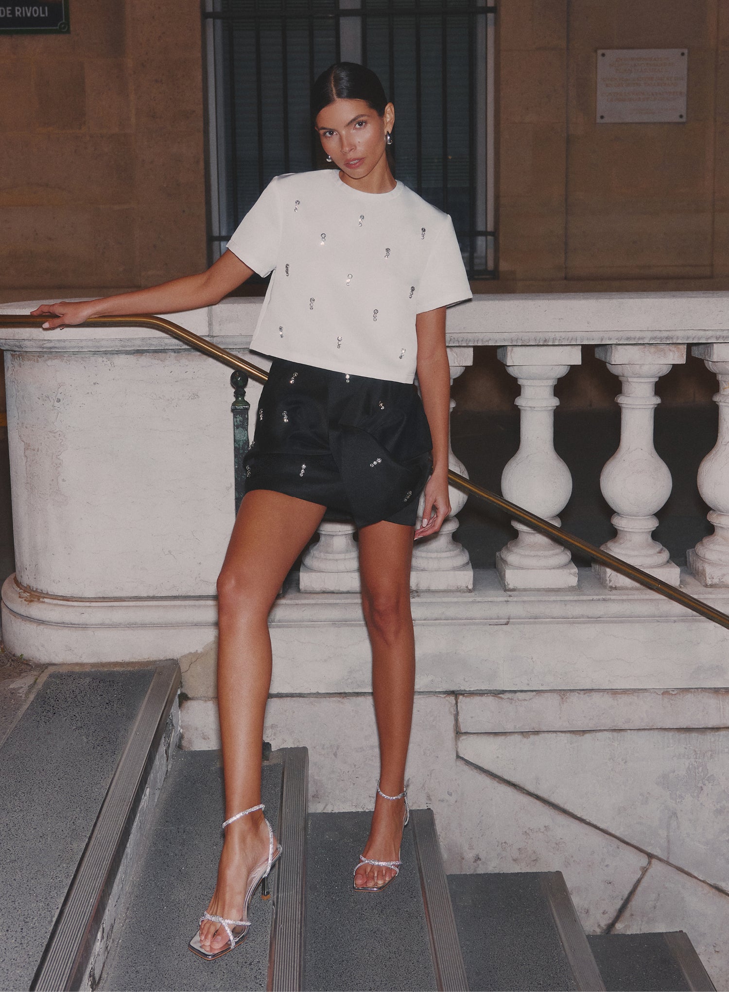 White Embellished Woven Crop T-Shirt