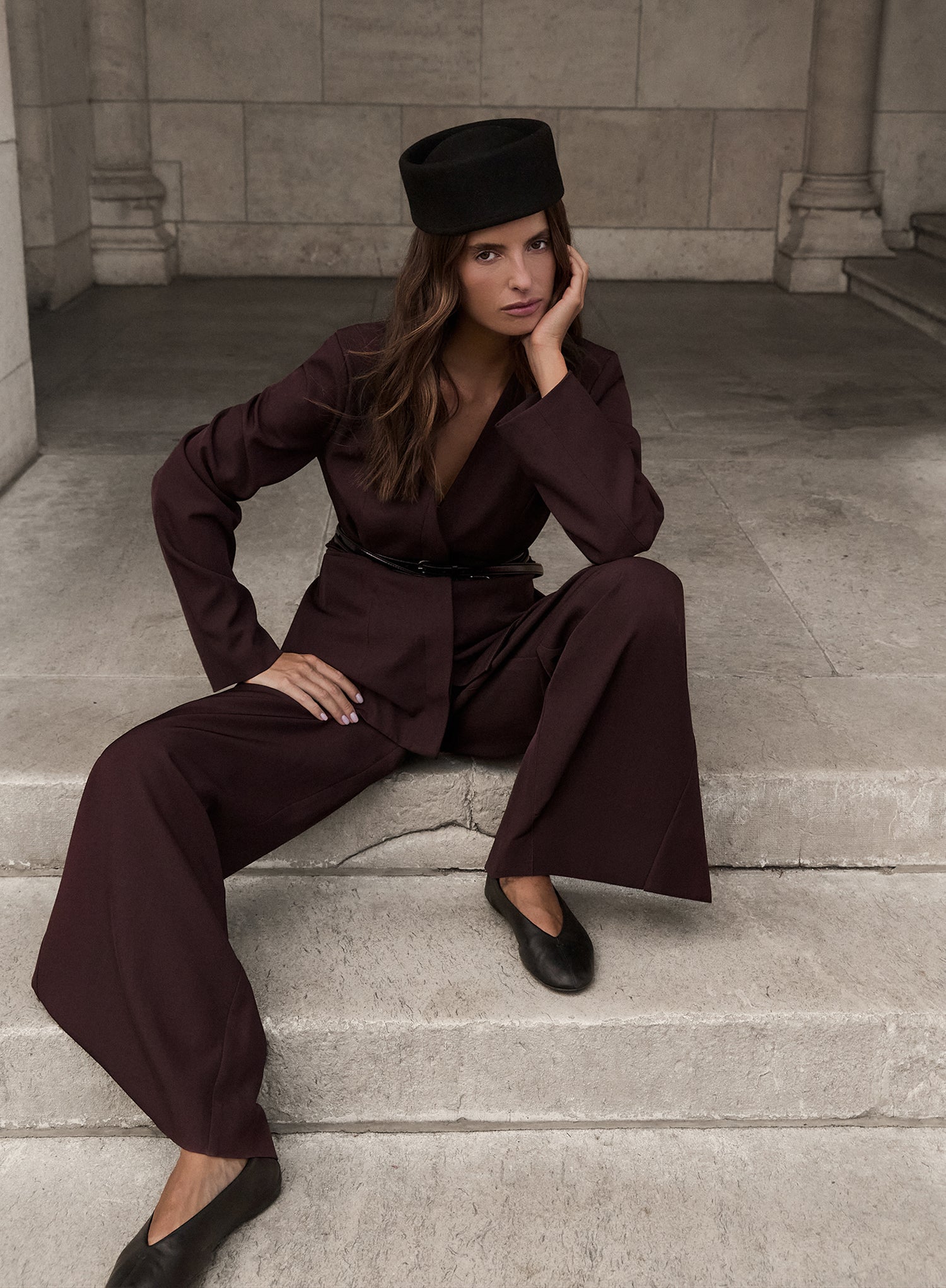 Plum Collarless Cinched Waist Blazer