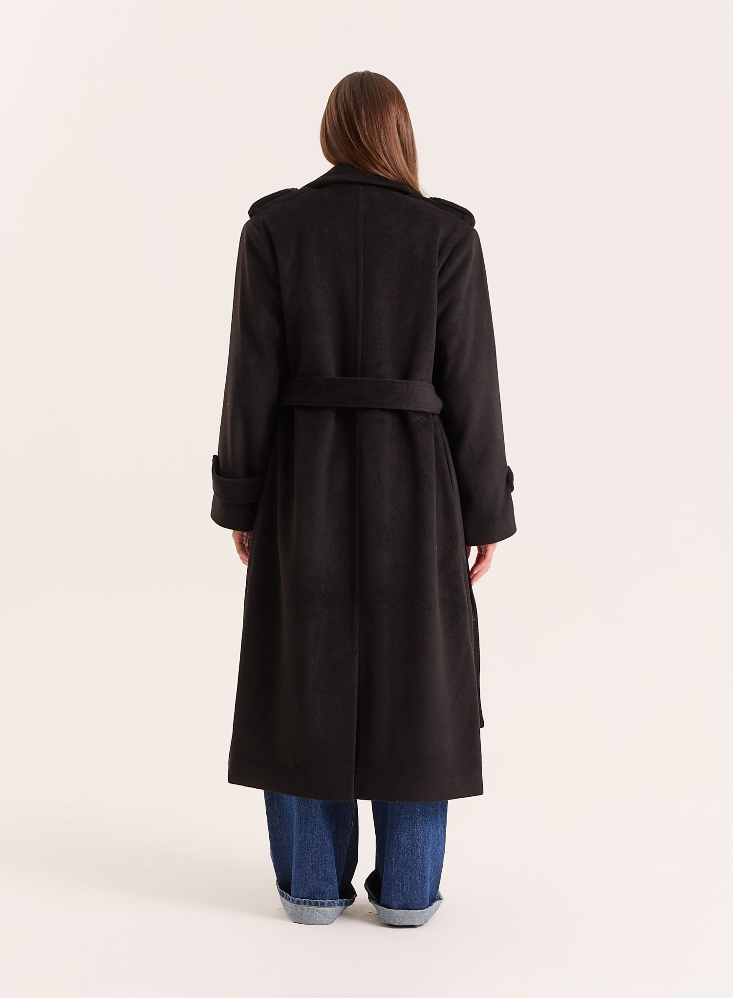 Black Tailored Belted Longline Trench Coat