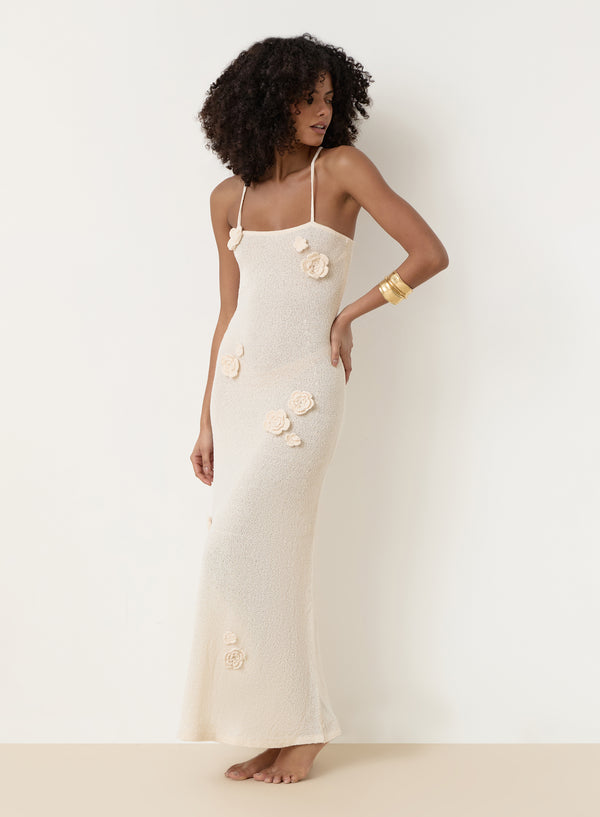 Off White Knit Flower Detail Maxi Dress- Isla