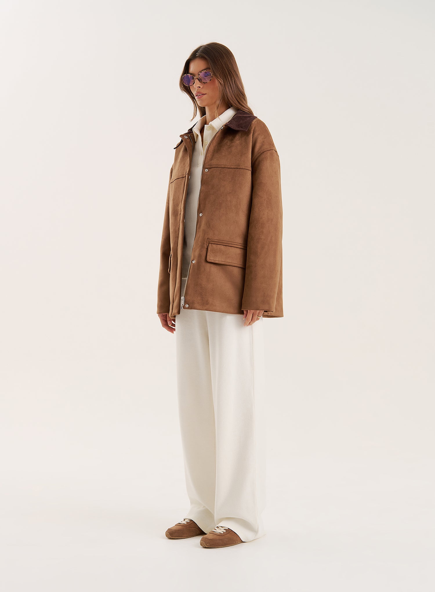 Brown Contrast Collar Faux Suede Barn Shacket
