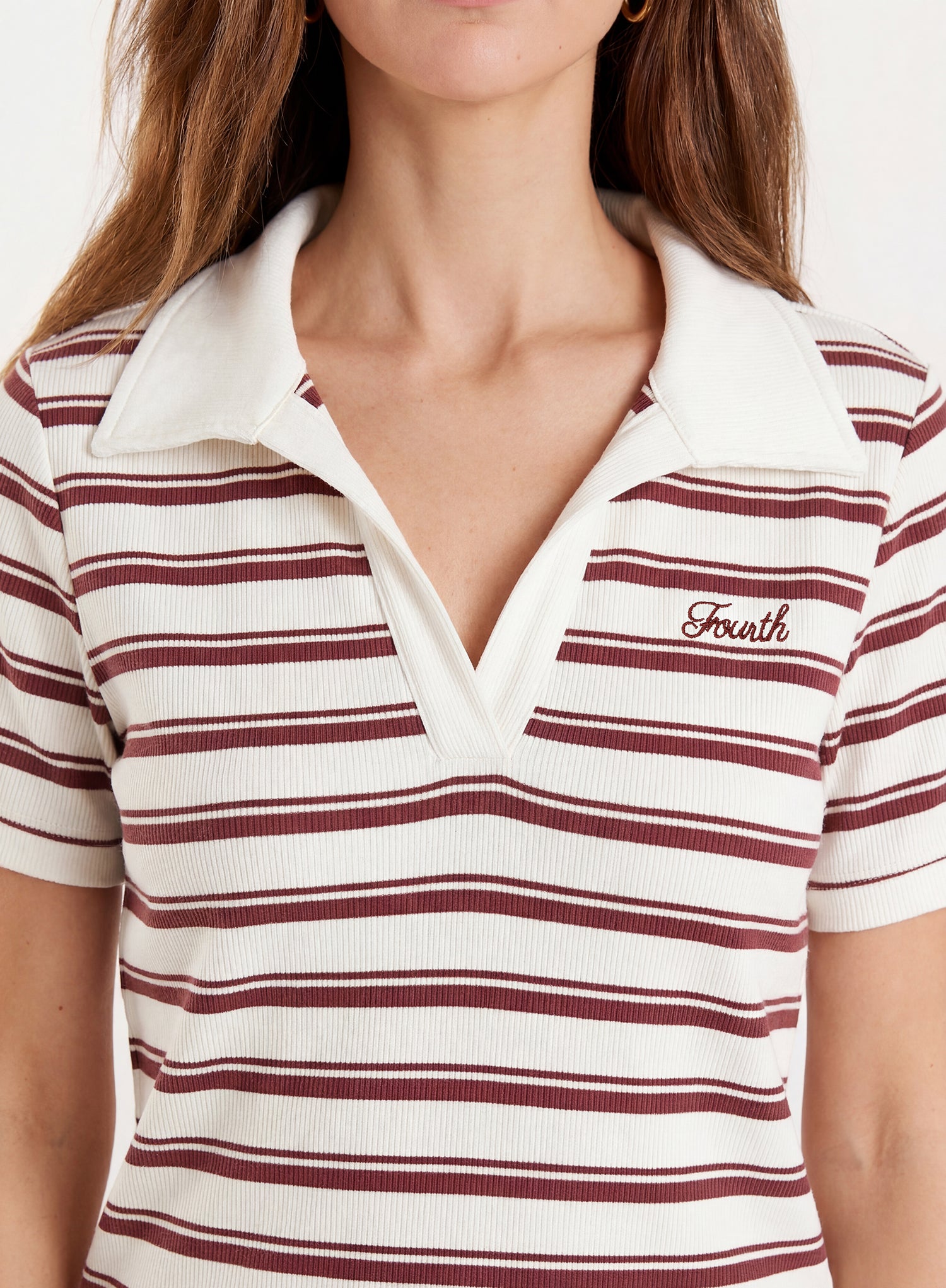 White And Brown Stripe Ribbed Short Sleeve Jersey Polo Top