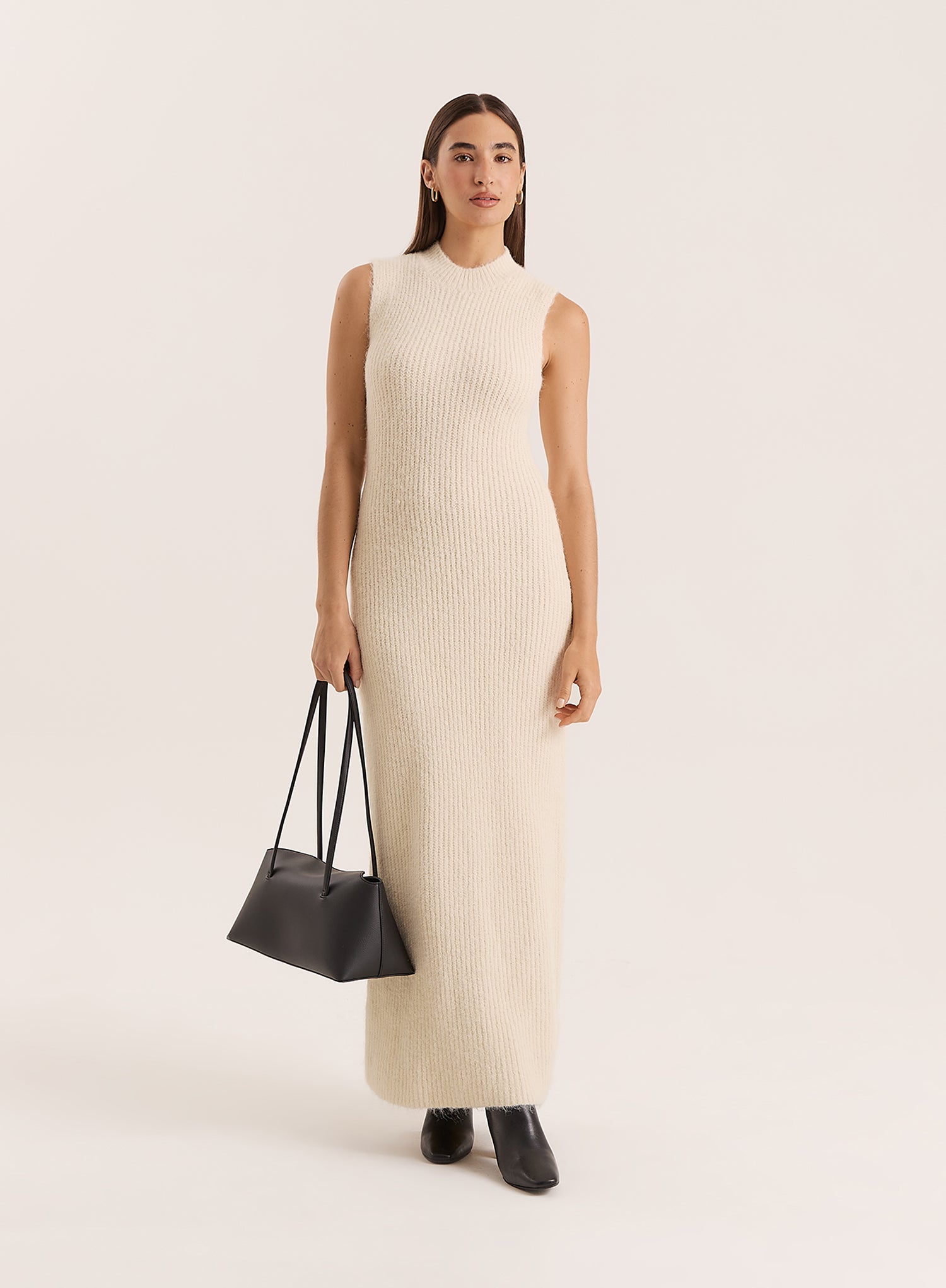 Beige High Neck Knitted Sleeveless Dress