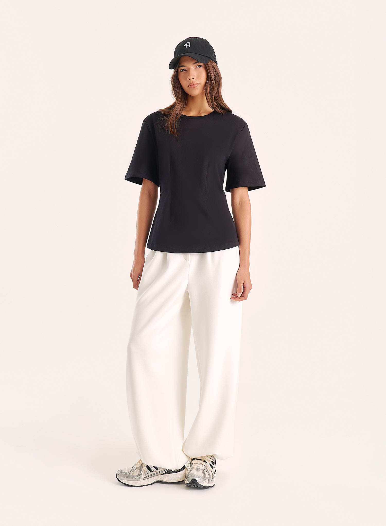 Black Shoulder Pad Cinched Waist T-Shirt