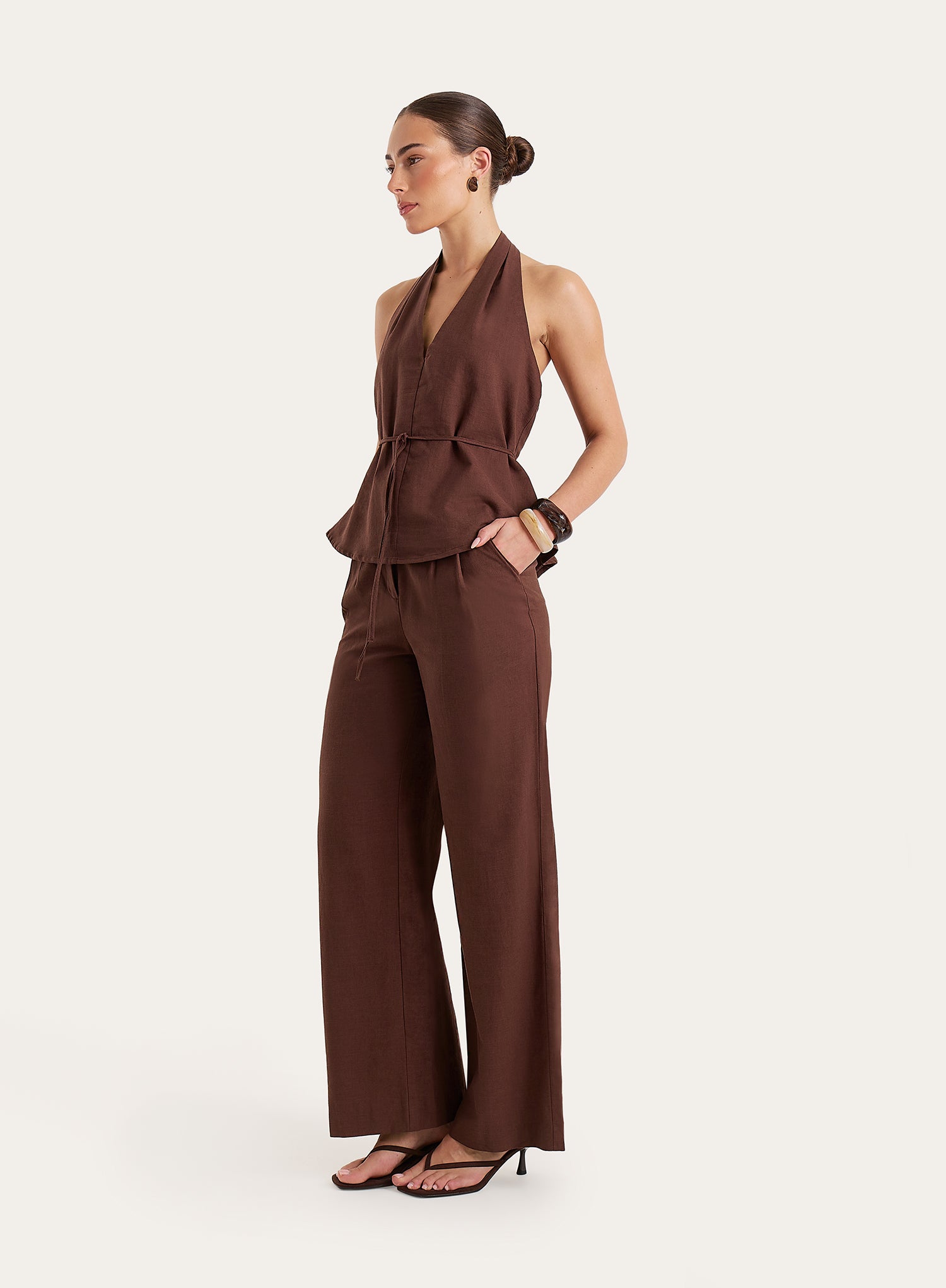 Brown Linen Blend Halterneck Sleeveless Peplum Top