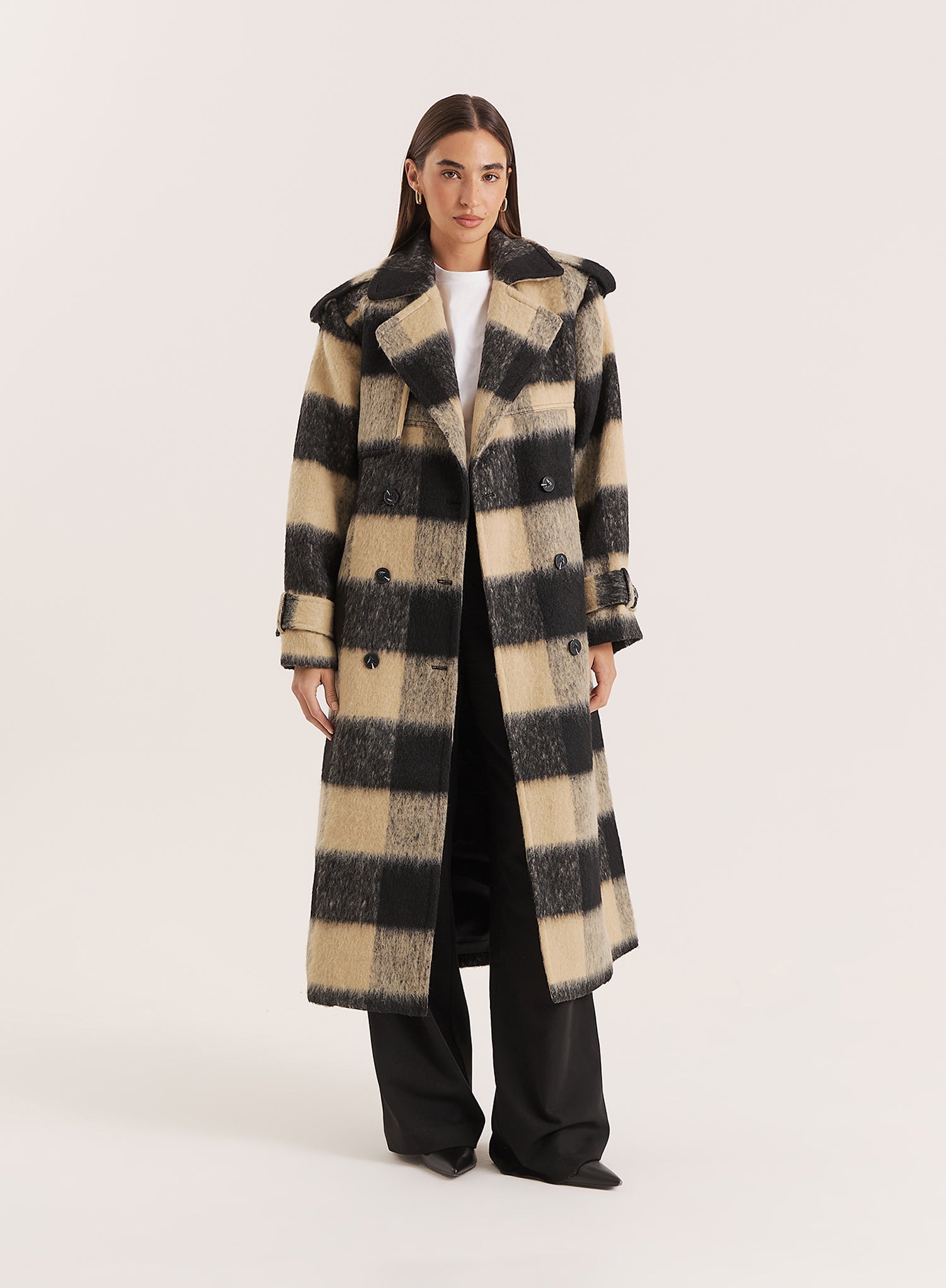 Black & Beige Check Longline Belted Trench Coat