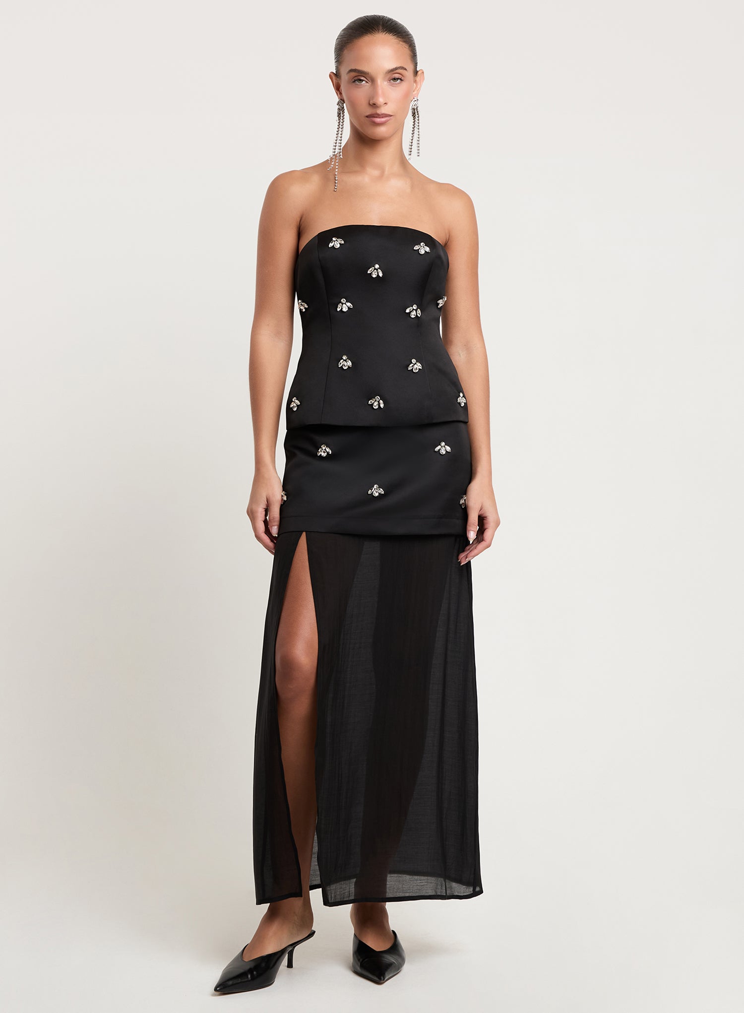 Black Satin Embellished Bandeau Top