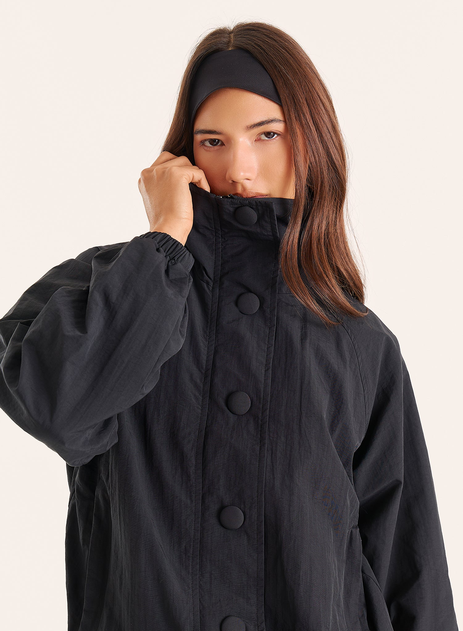 Black Funnel Neck Windbreaker Jacket