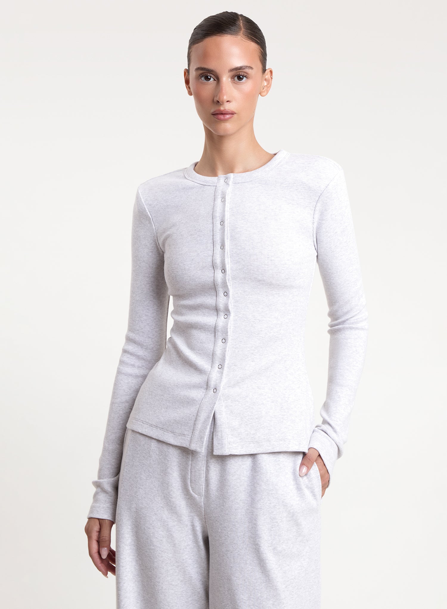 Grey Ribbed Long Sleeve Popper Front Top