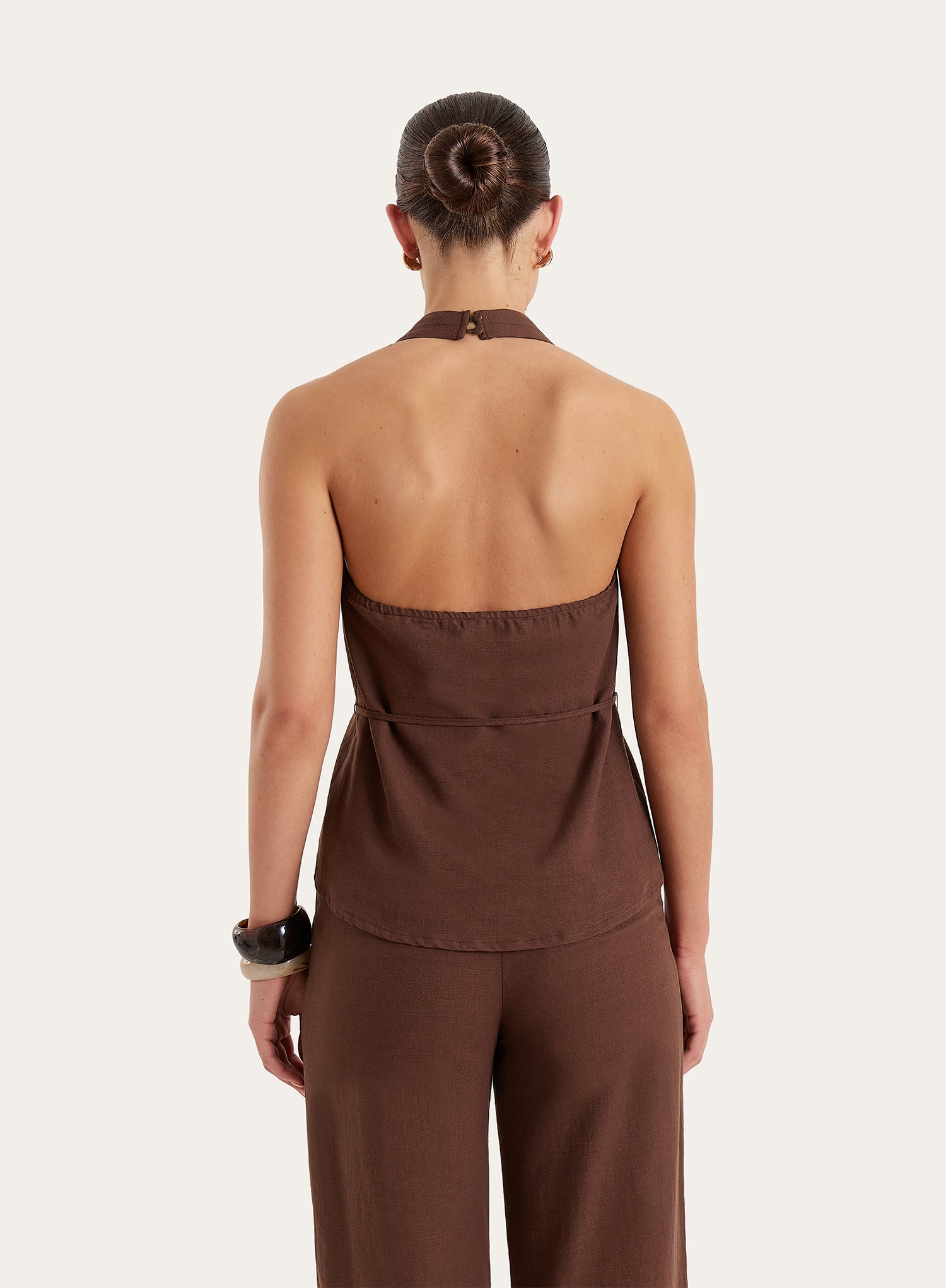 Brown Linen Blend Halterneck Sleeveless Peplum Top