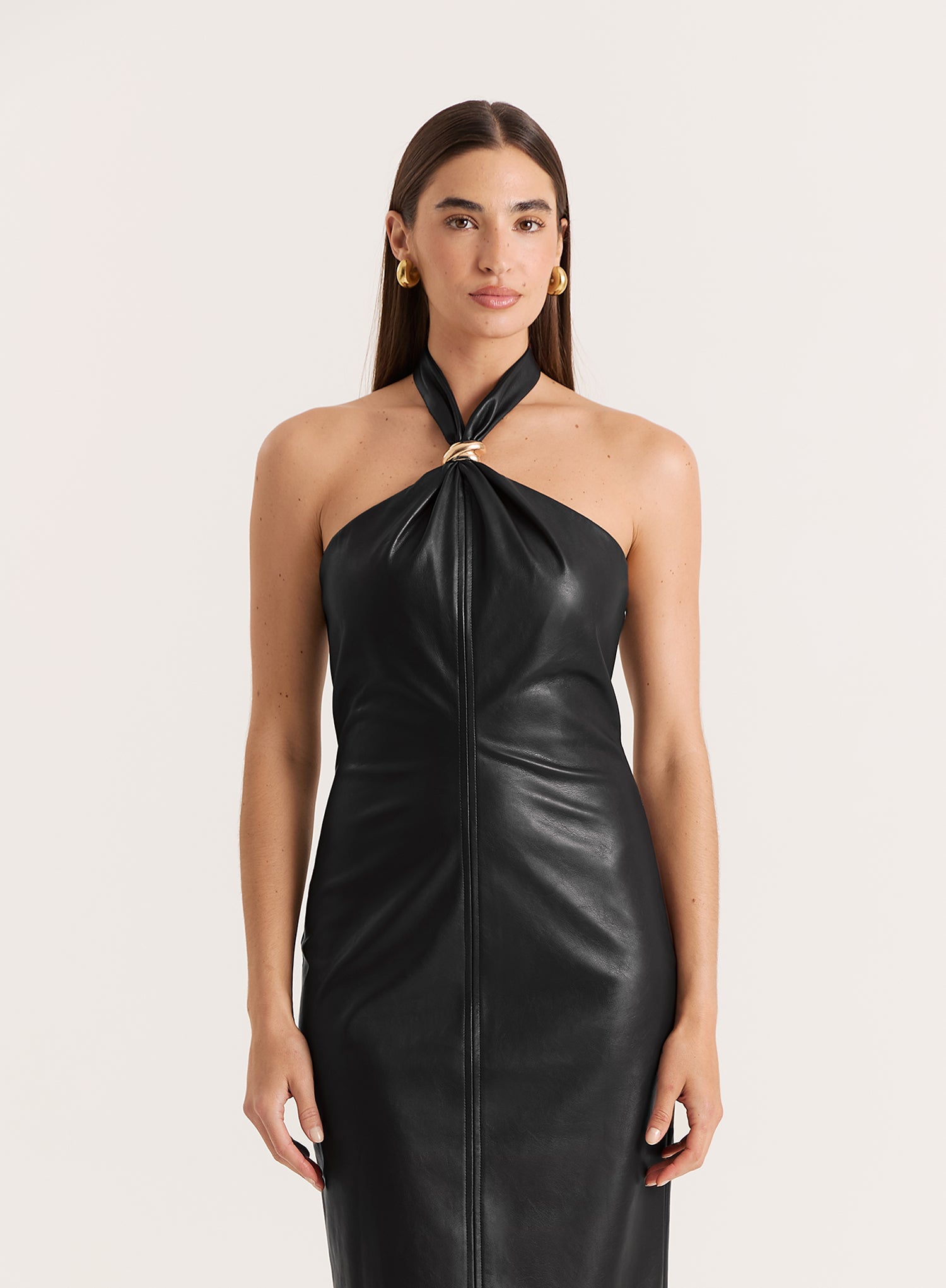 Black Faux Leather Halterneck Maxi Dress