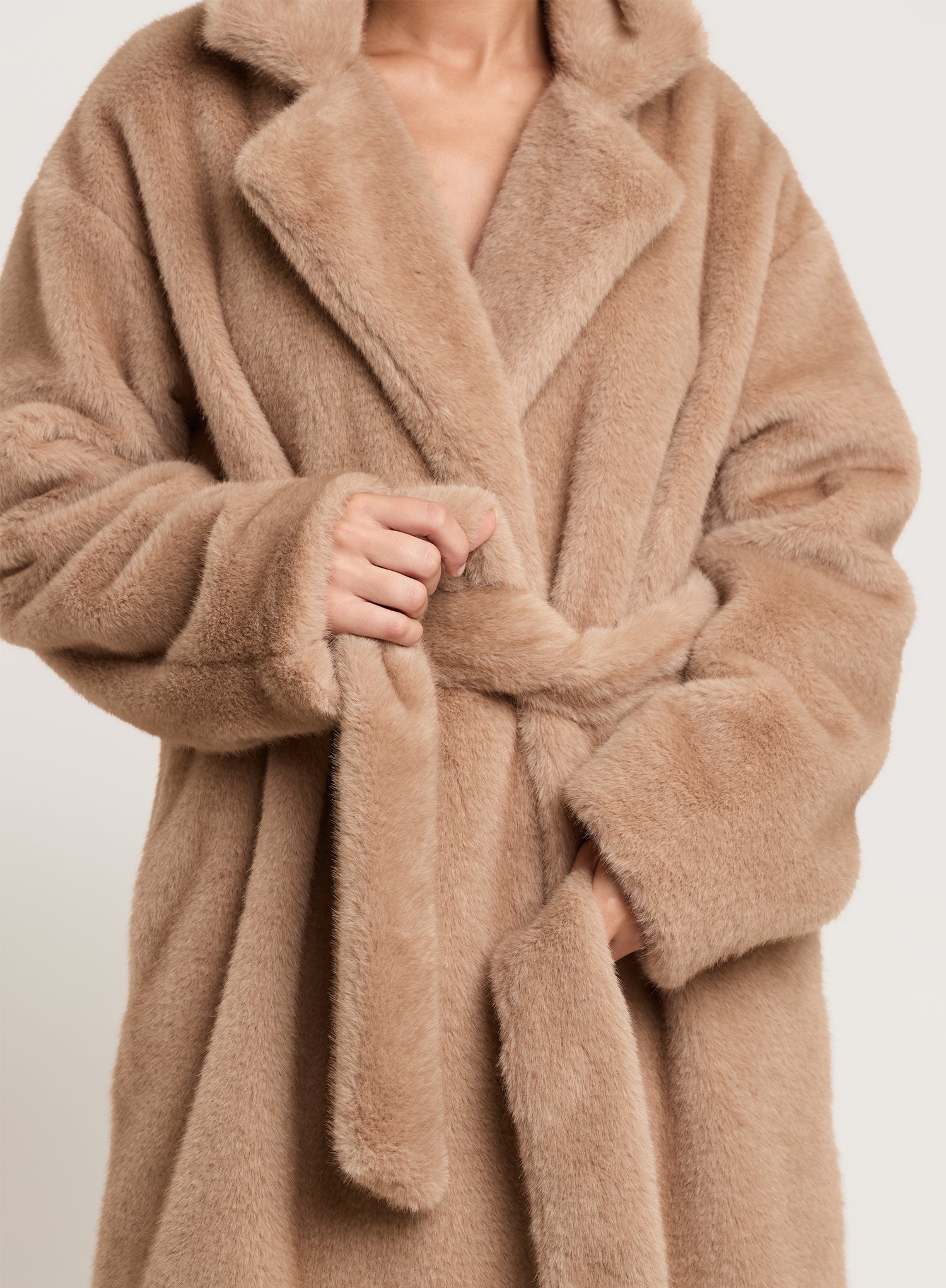 Beige Belted Maxi Faux Fur Coat