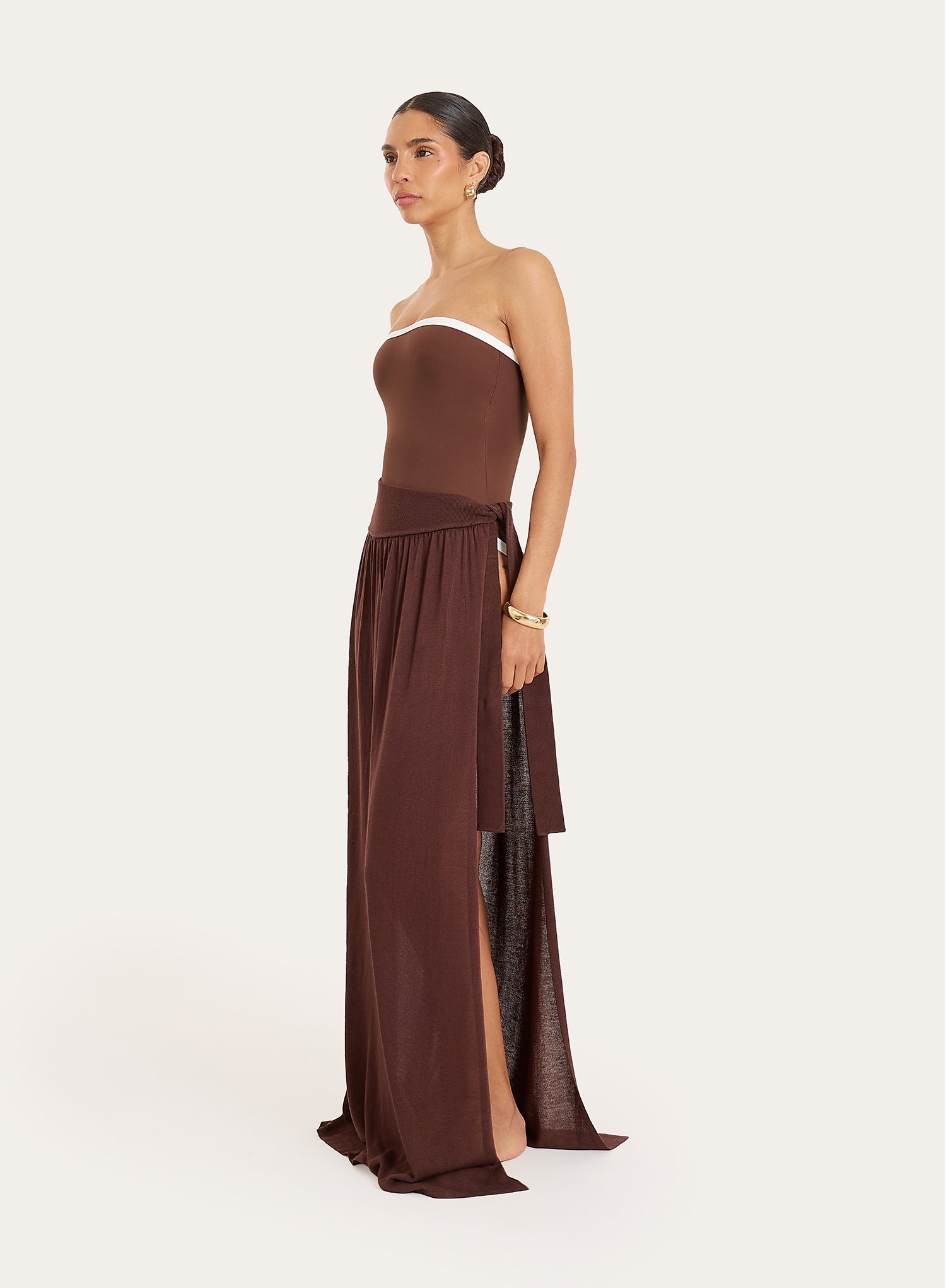 Brown Contrast Trim Bandeau Swimsuit
