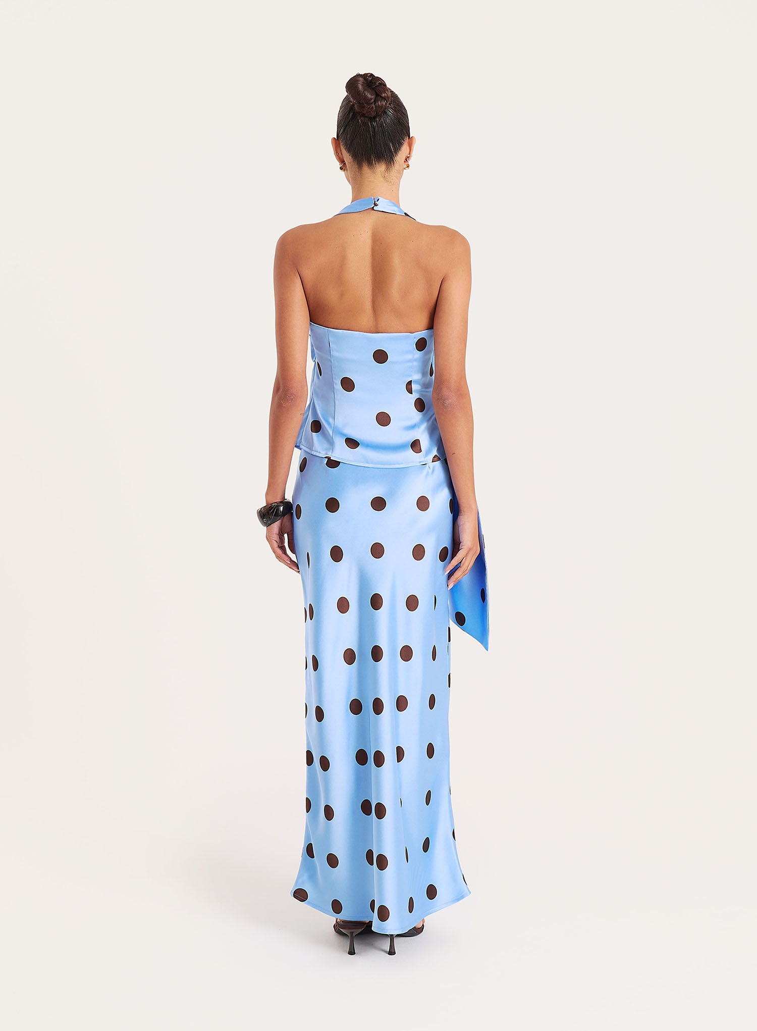 Blue And Chocolate Polka Dot Satin Maxi Skirt