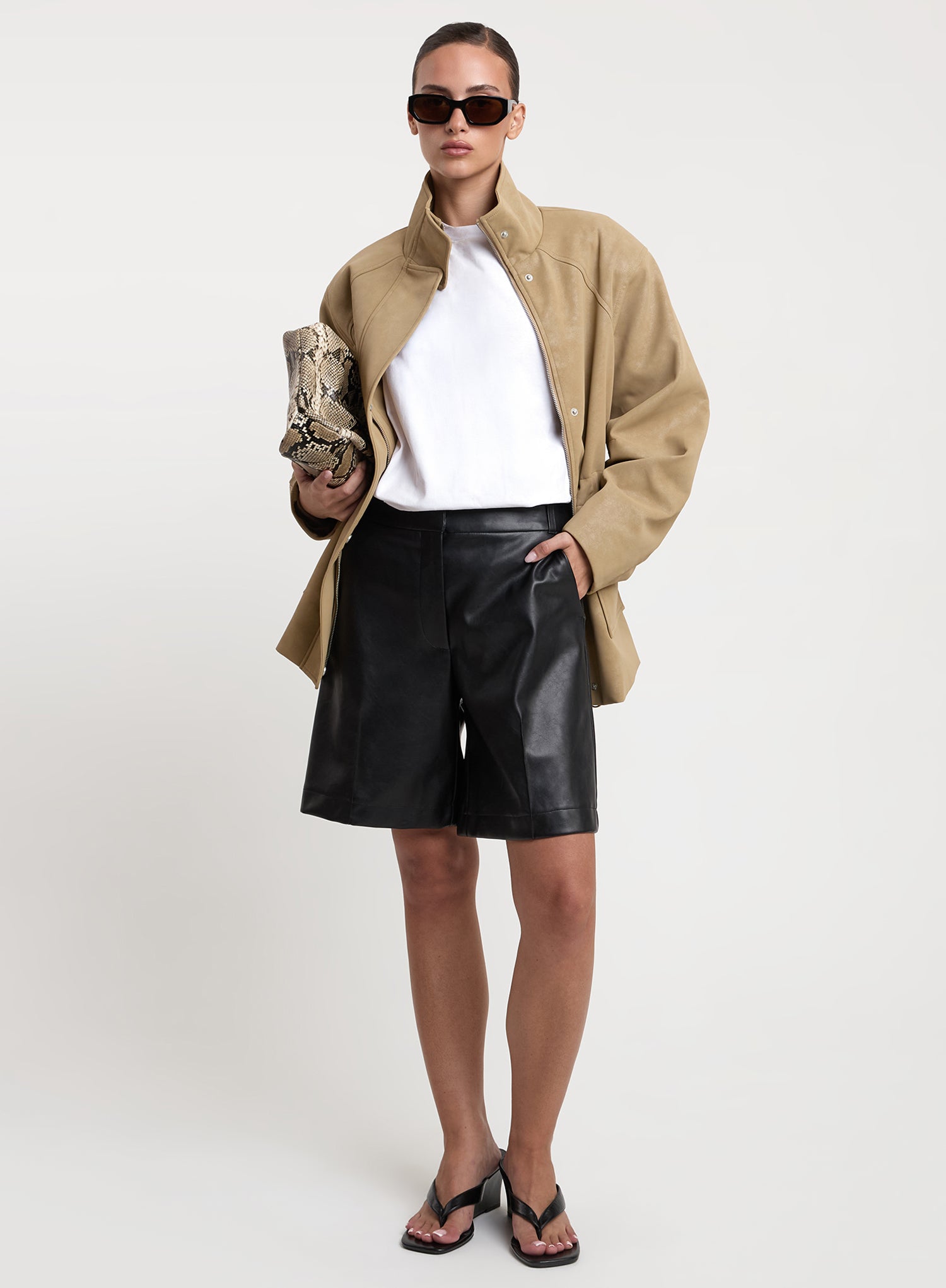 Beige Faux Suede Cinched Waist Funnel Neck Jacket