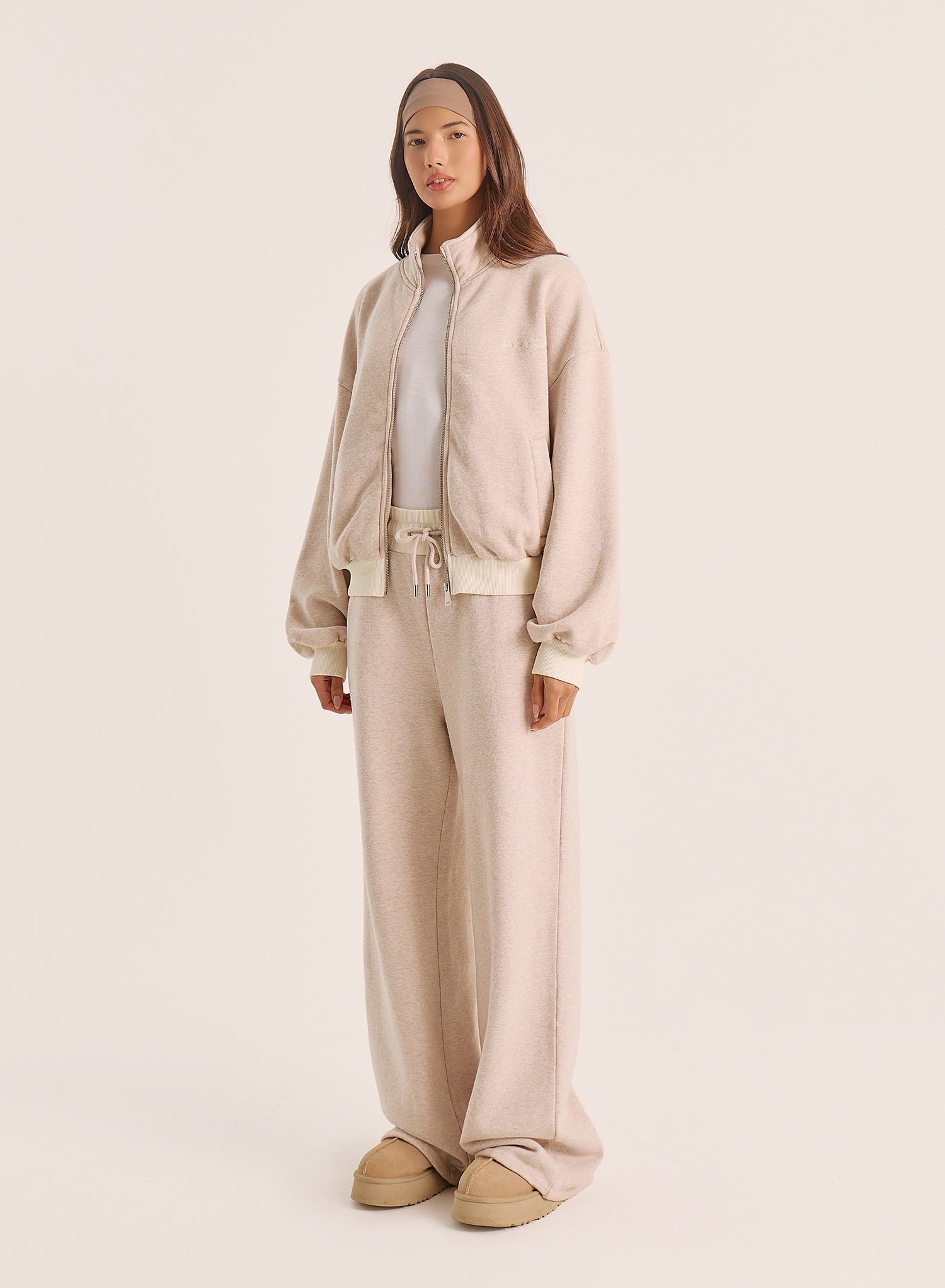 Oatmeal Contrast Waist Band Wide Leg Joggers