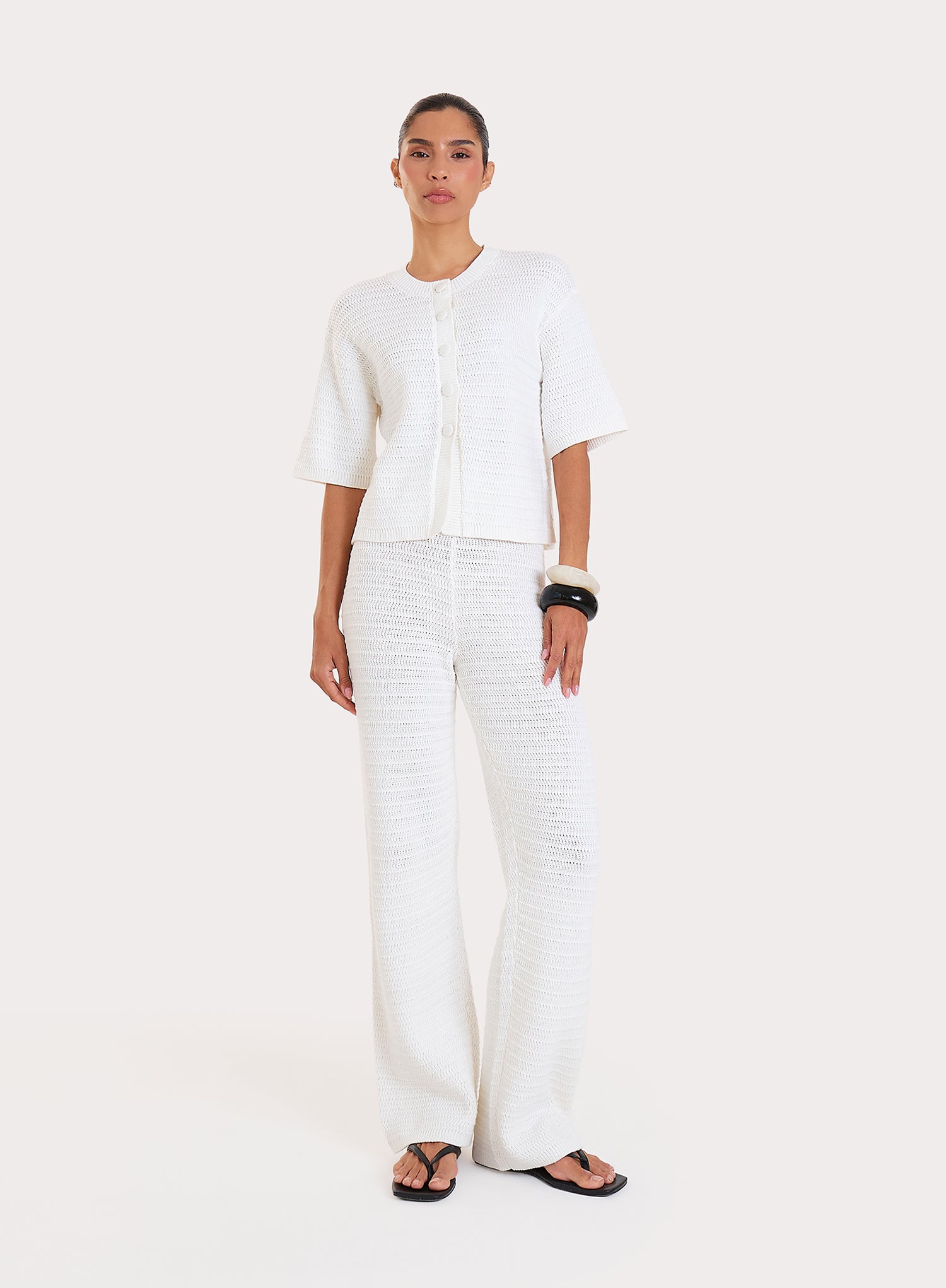 White Crochet Button Crop Shirt