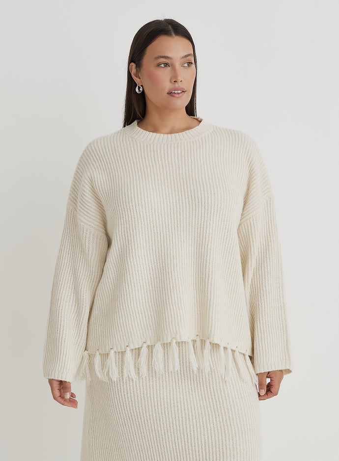 Cream Plus Size Oversized Tassle Trim Jumper- Fallon