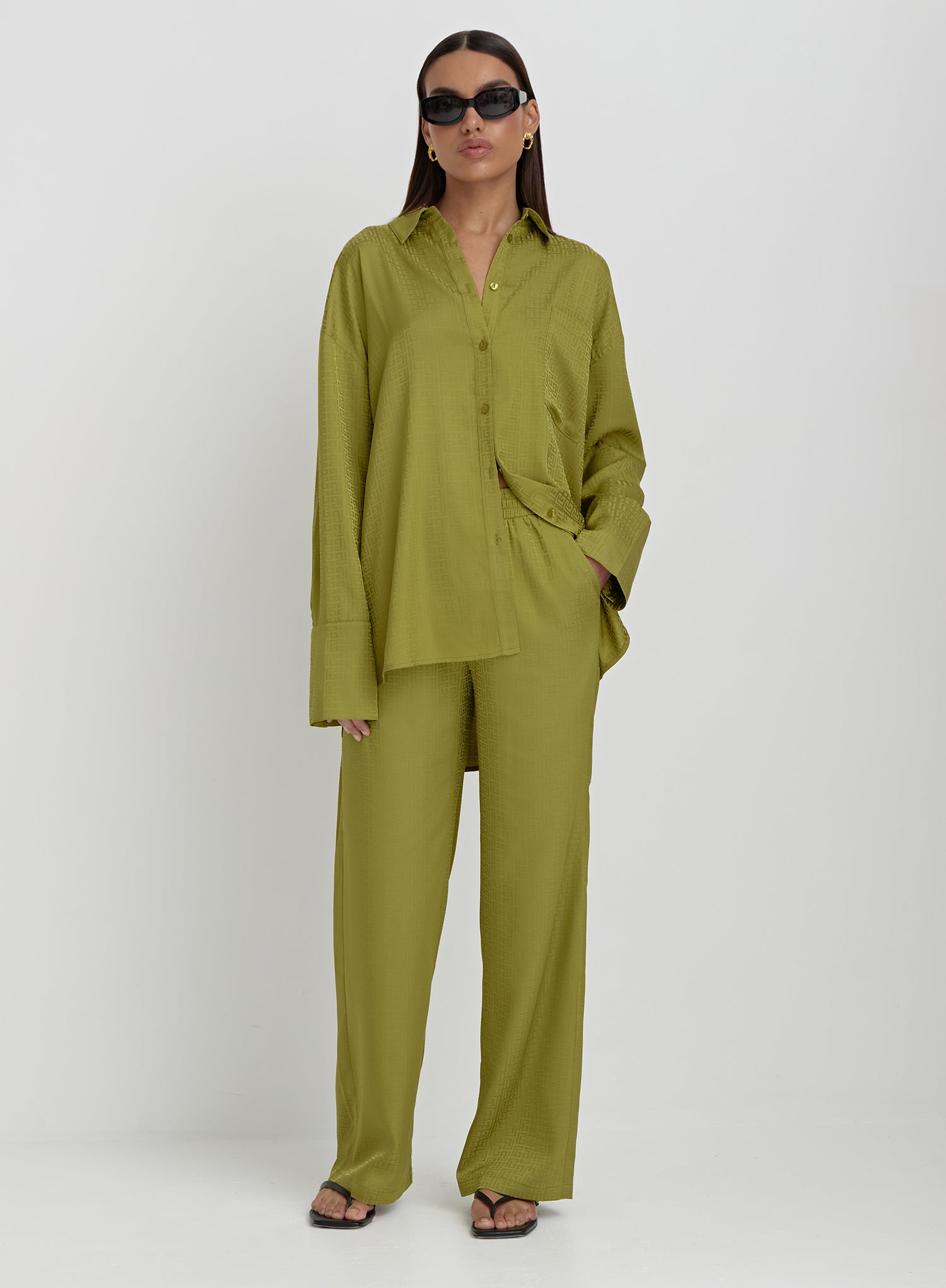 Green Jacquard Satin Print Trouser- Mimi