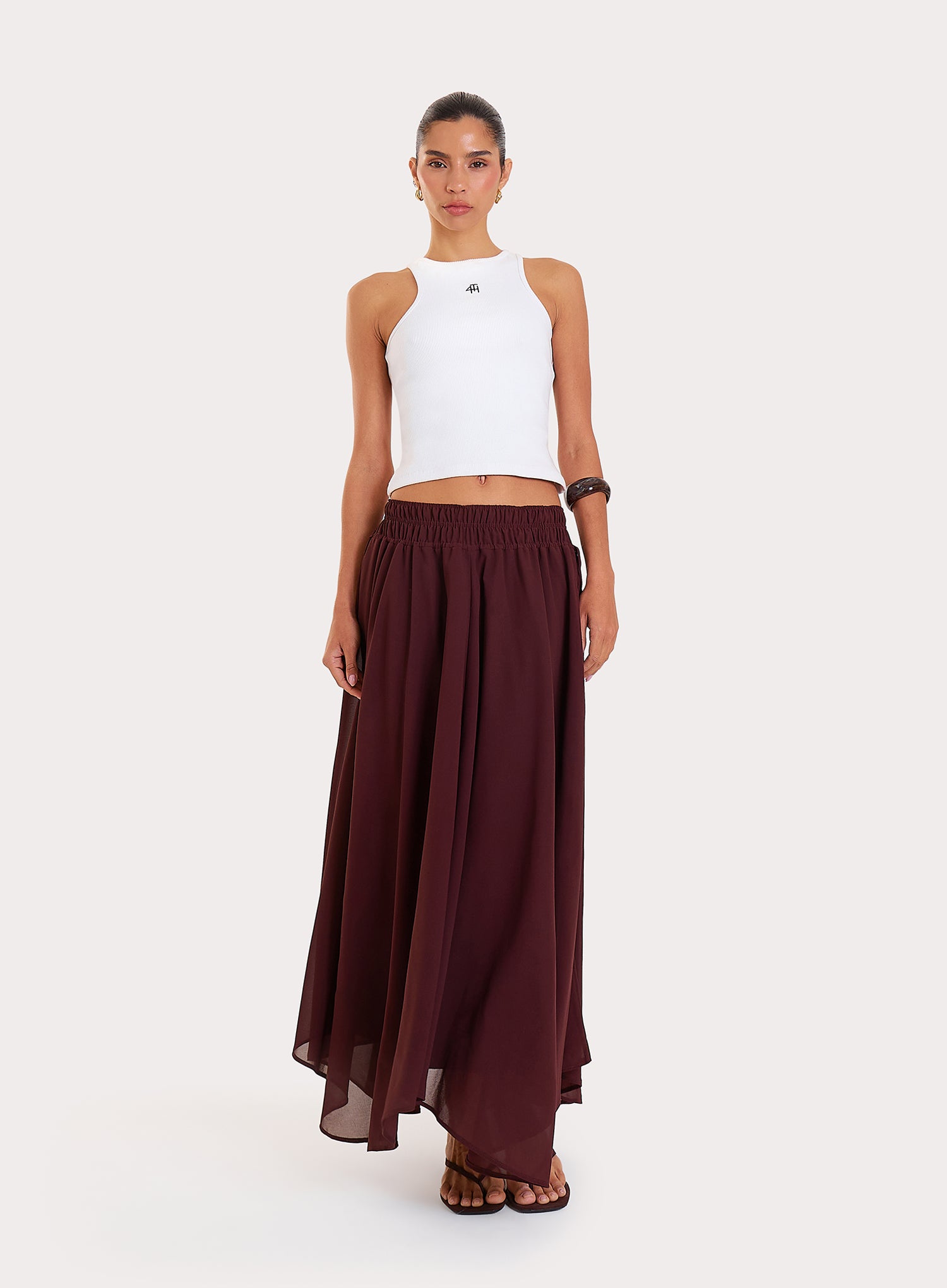 Chocolate Chiffon Asymmetric Hem Maxi Skirt