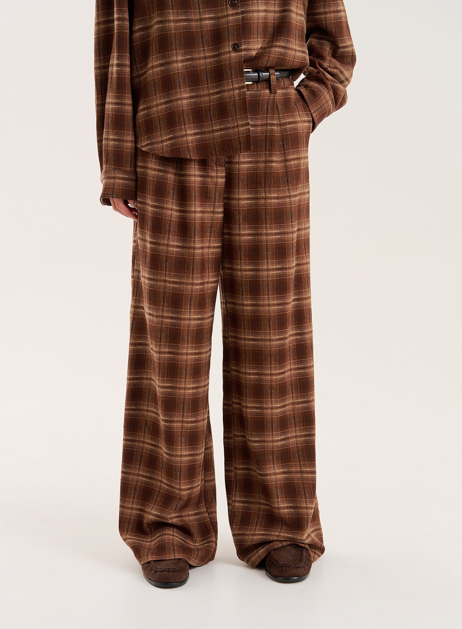 Brown Check Print Straight Leg Trousers