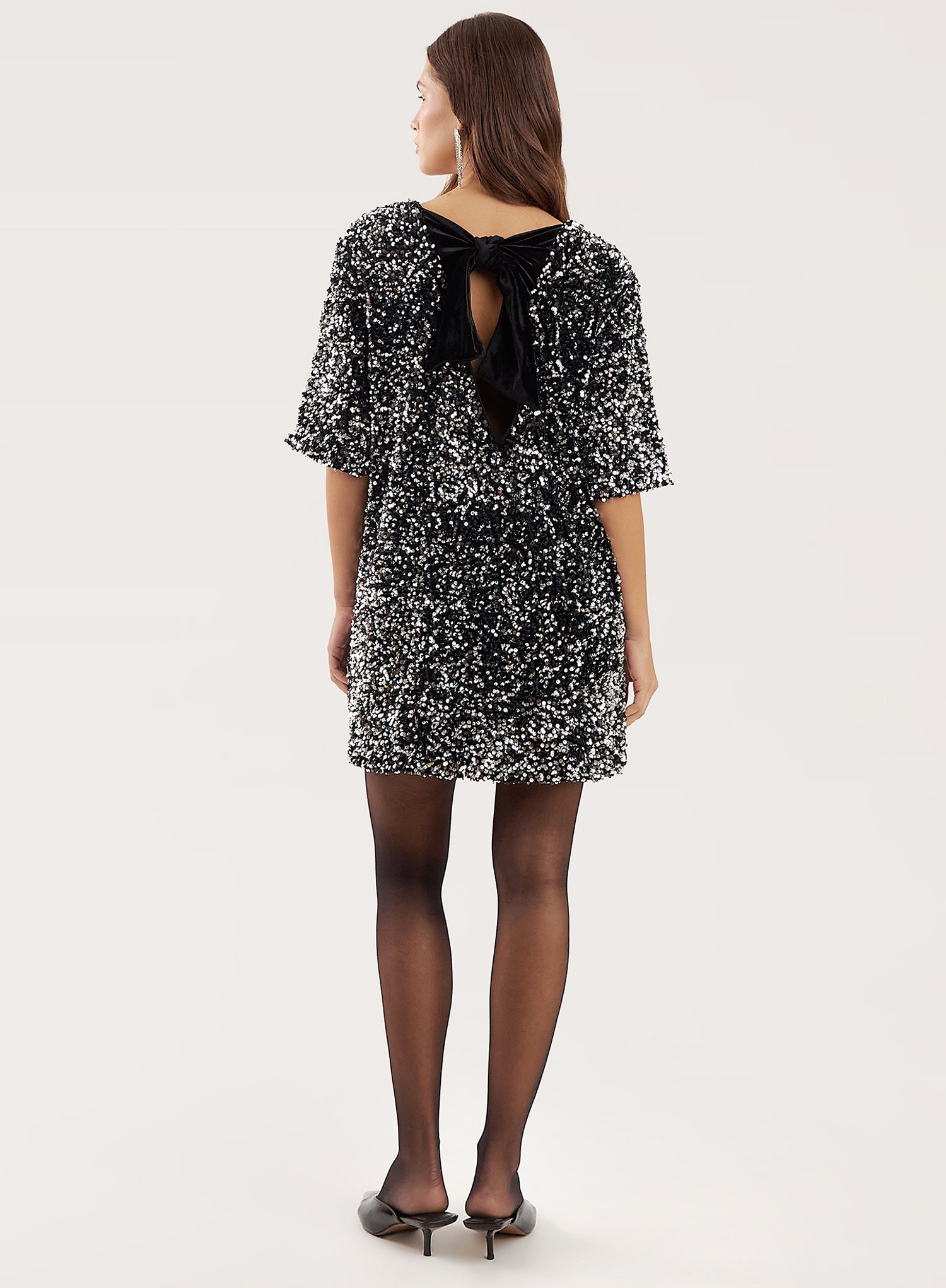 Black Sequin Bow Tie Back Mini Dress