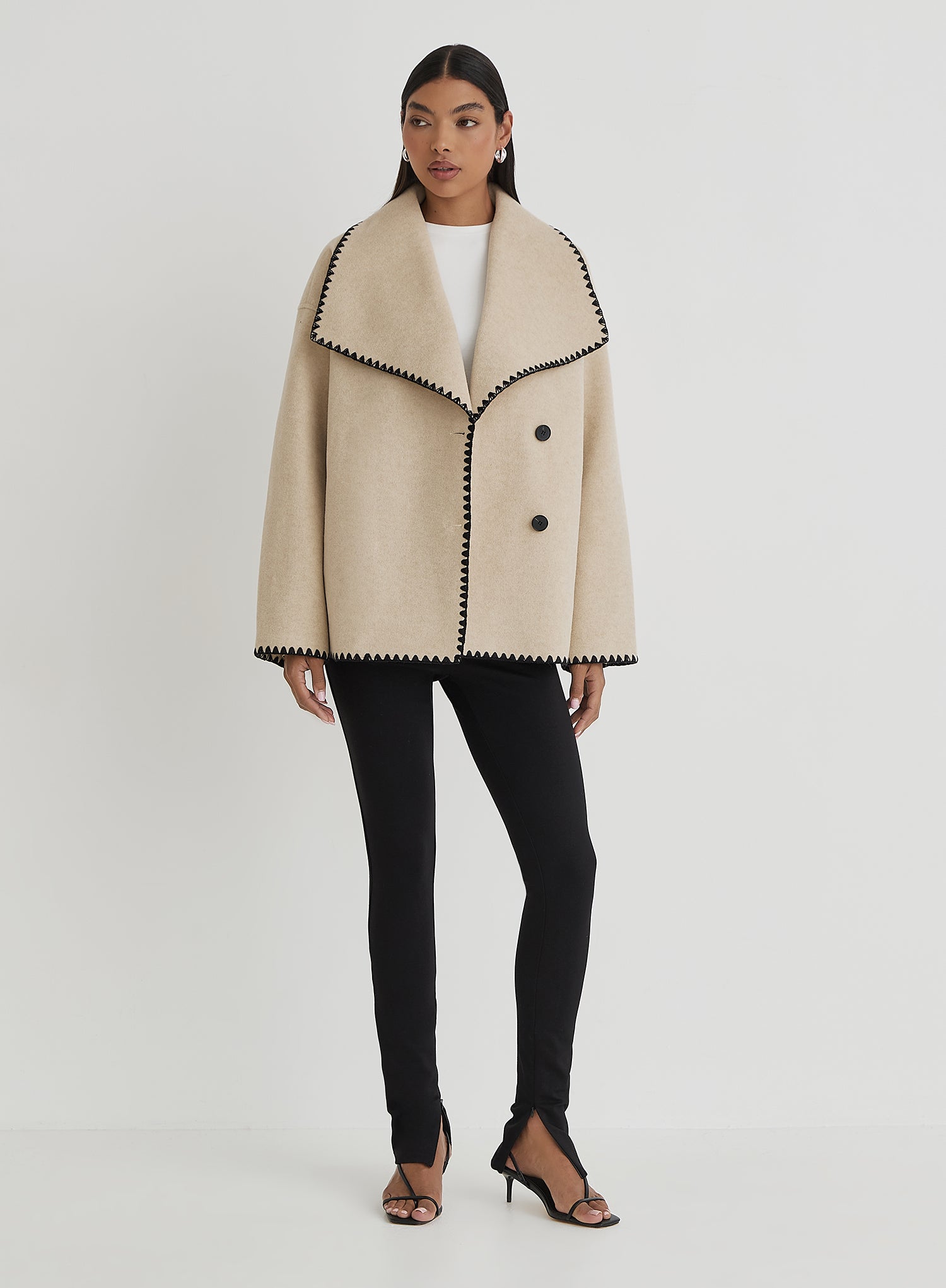 Beige Contrast Stitch Oversized Jacket - Darin