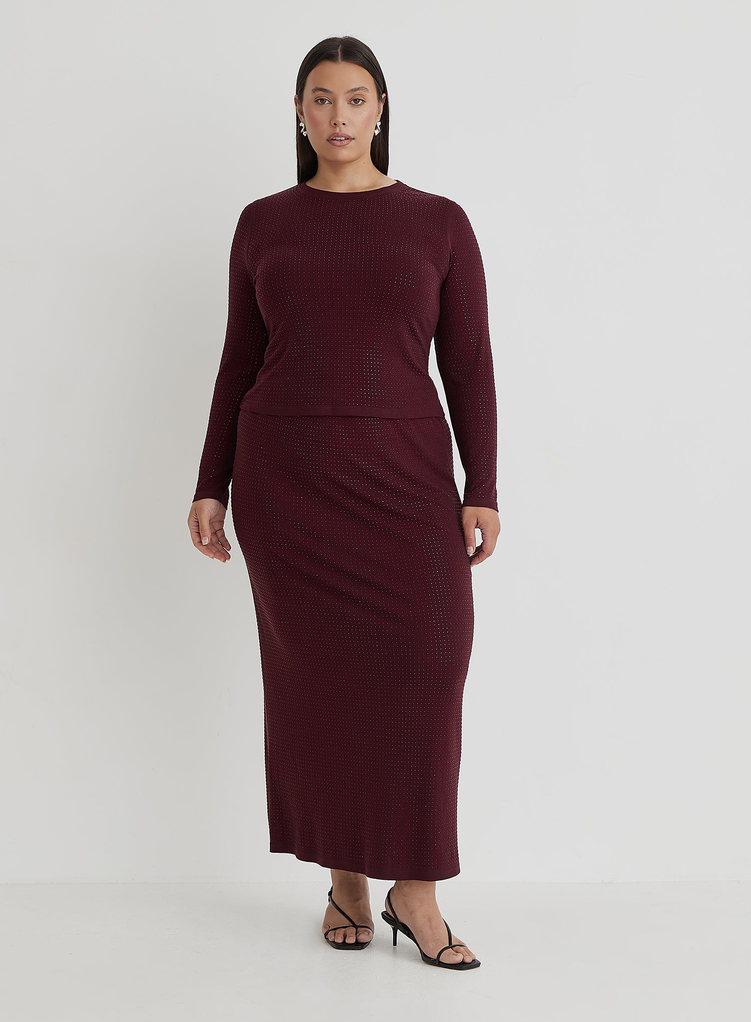 Burgundy Curve Embellished Long Sleeve Top- Indigo