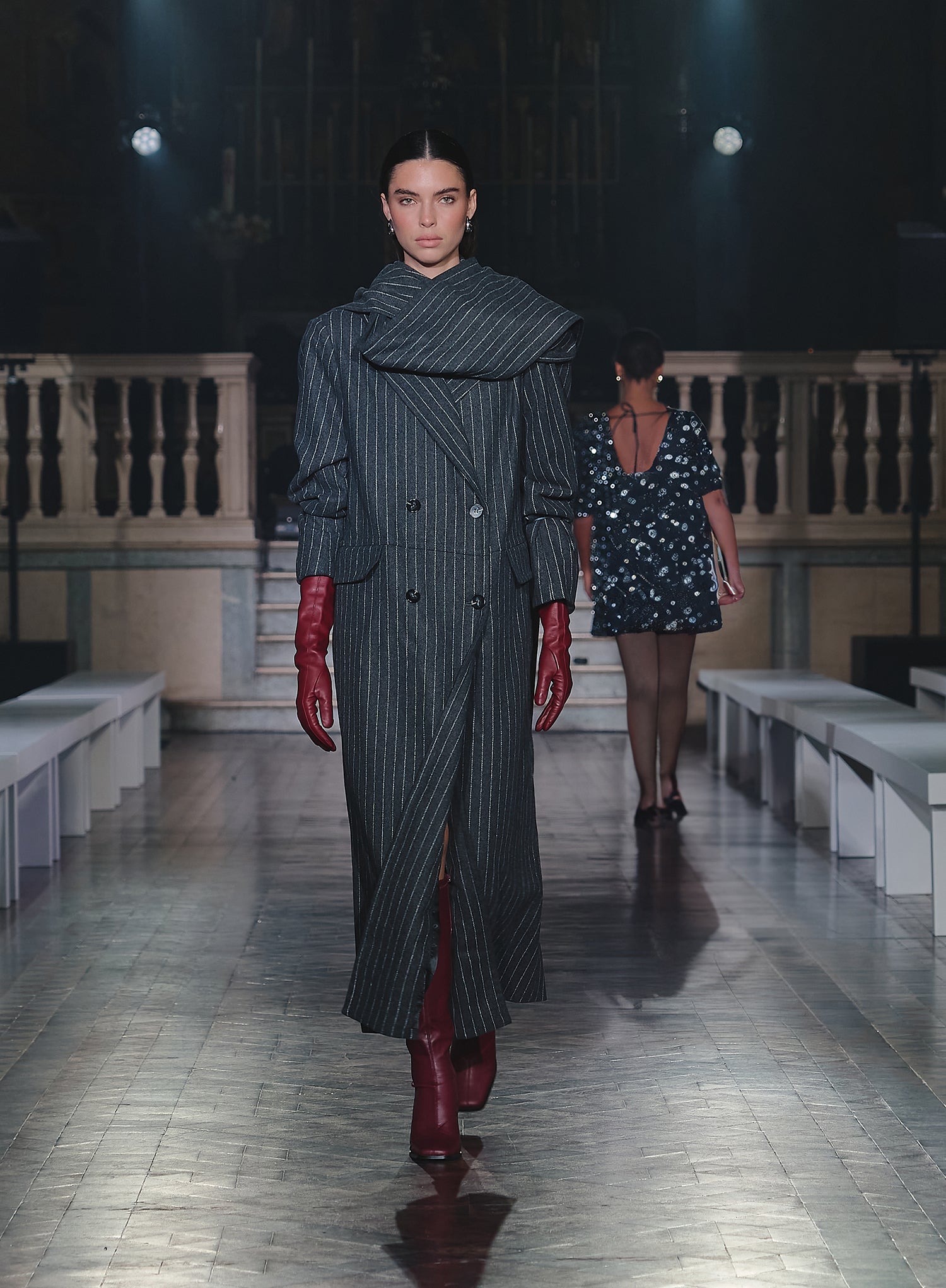 Women's Grey Pinstripe Tailored Oversized Maxi Coat With