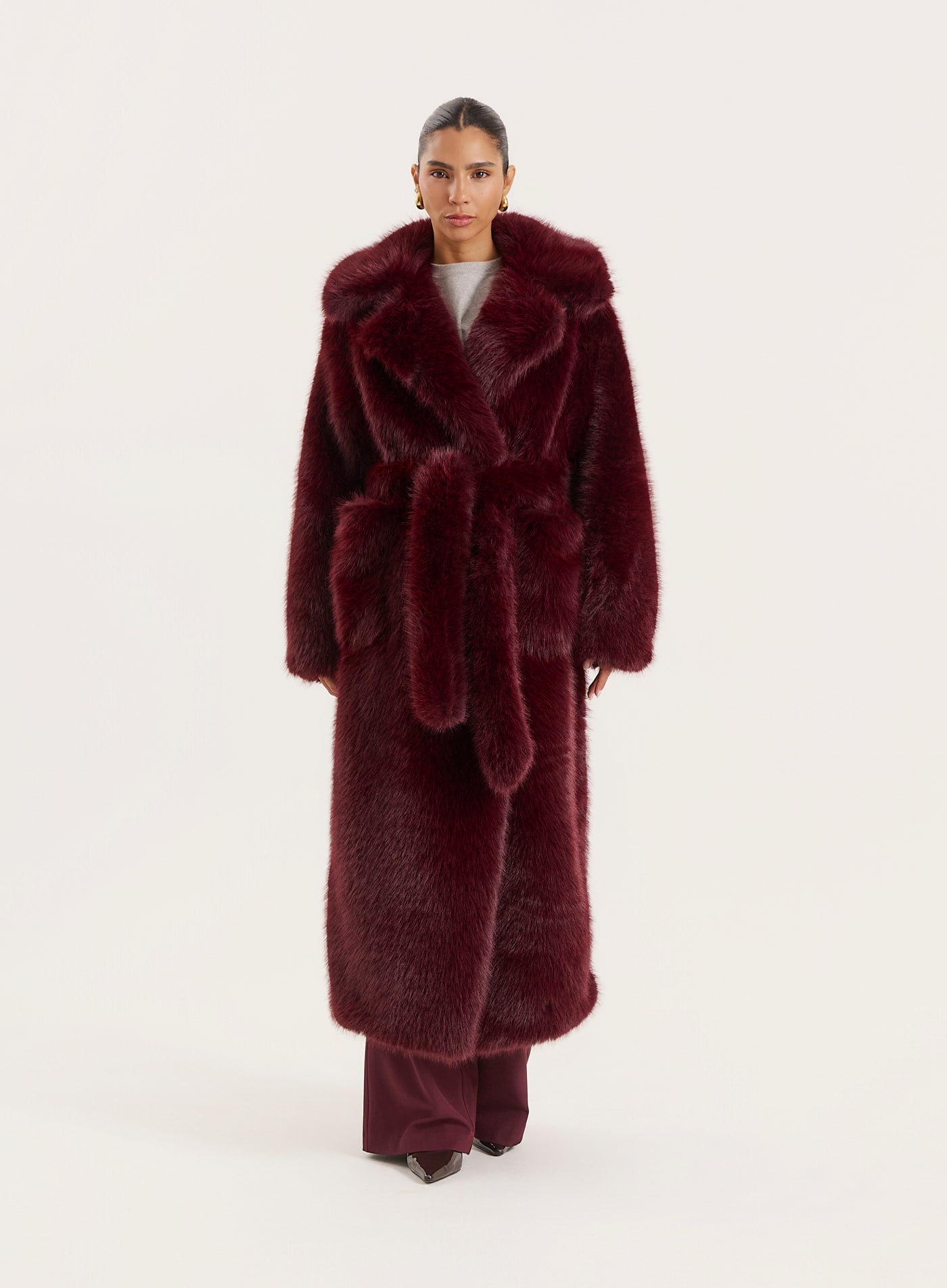 Burgundy Faux Fur Belted Longline Coat