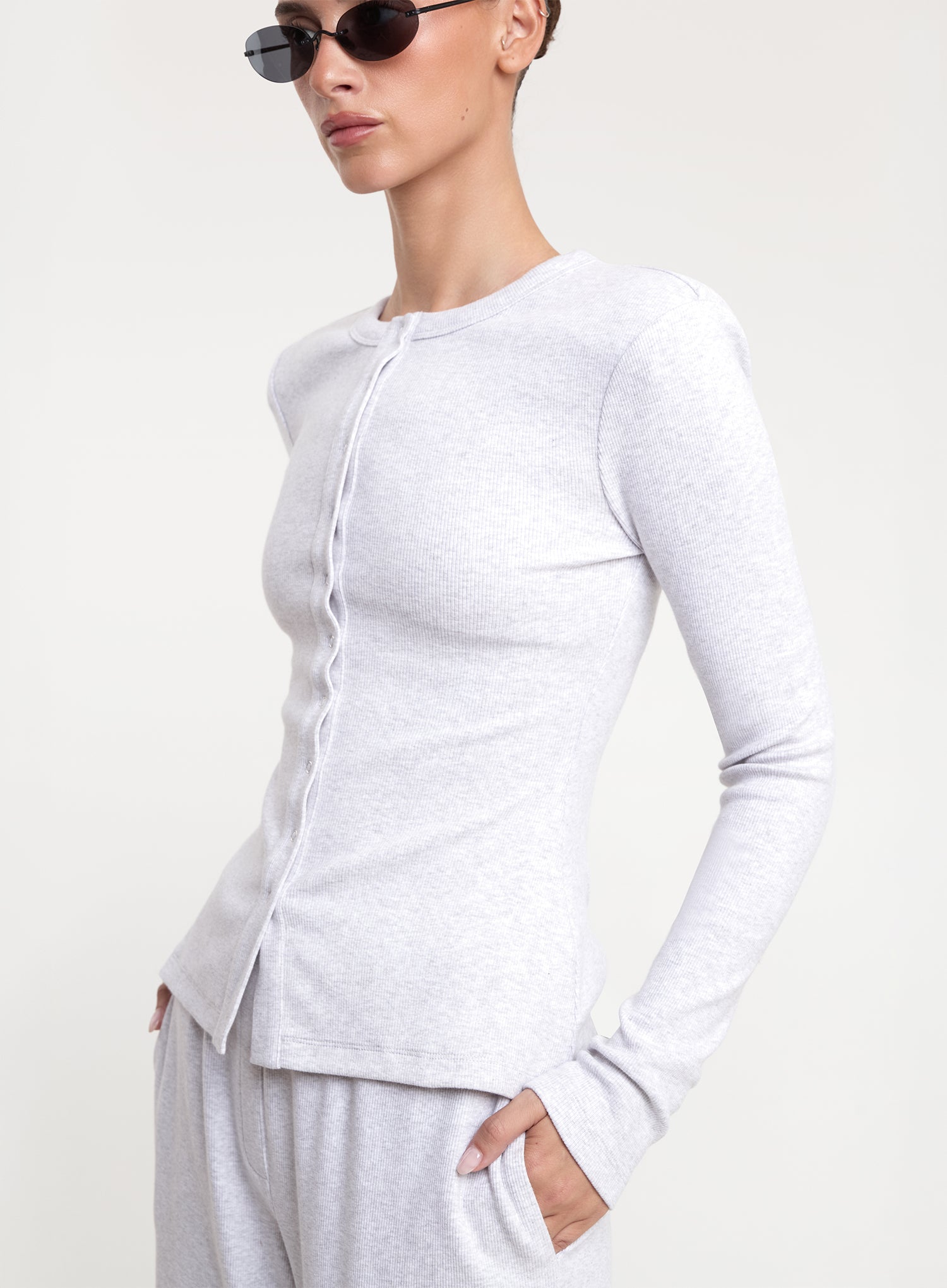 Grey Ribbed Long Sleeve Popper Front Top