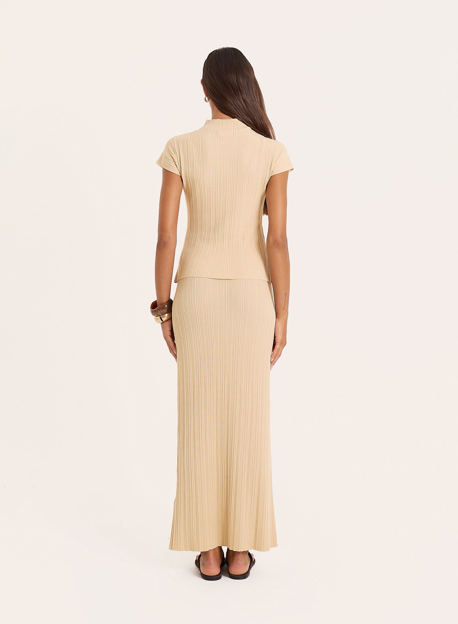 Beige Textured Fine Knit Maxi Skirt