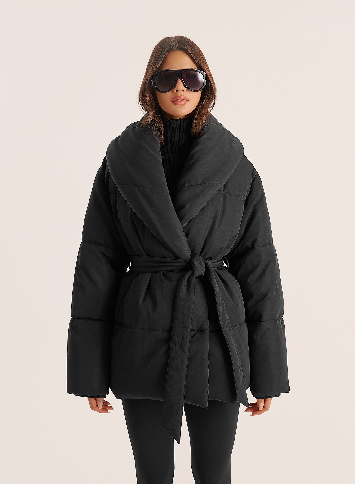 Black Wrap Waist Belted Puffer Coat