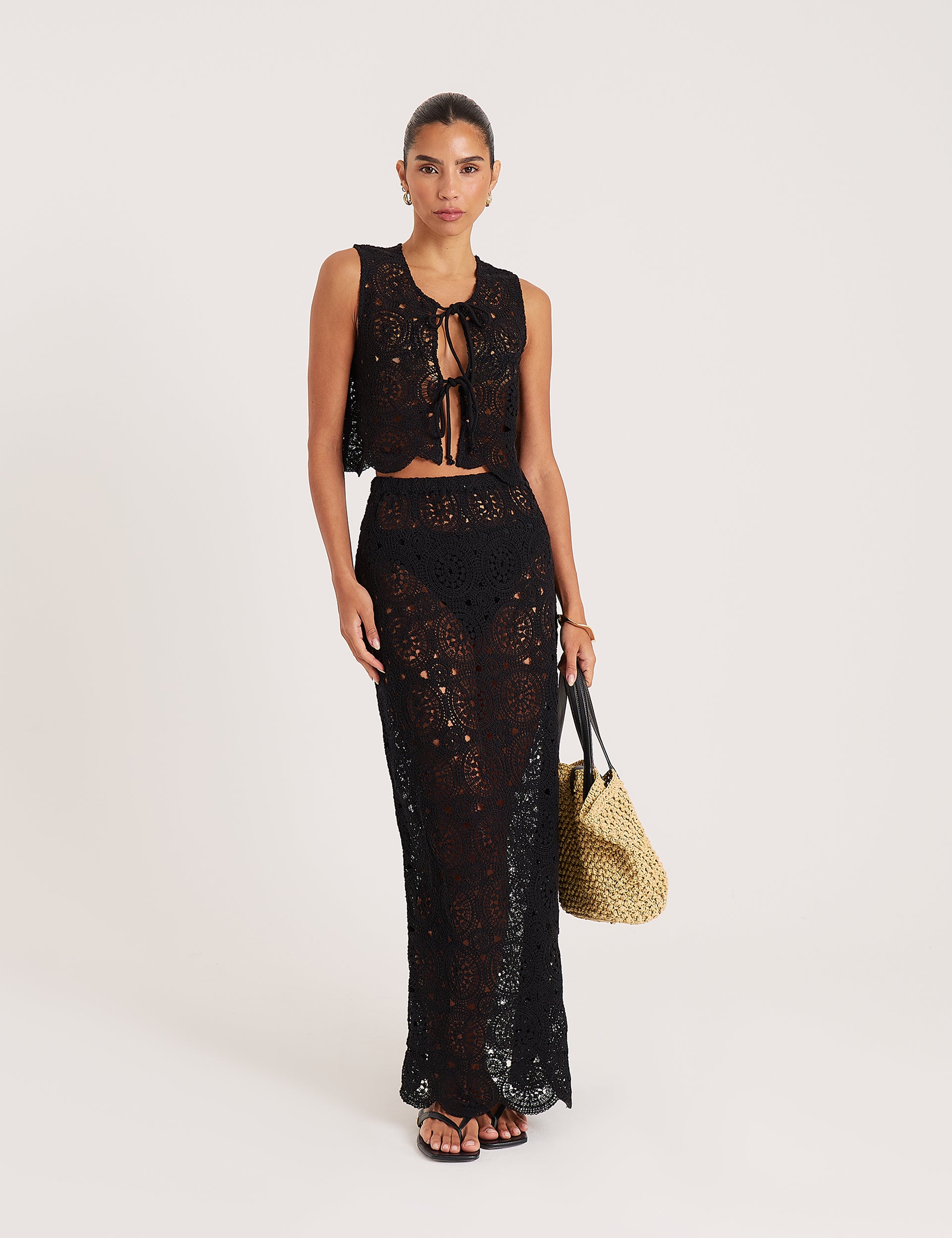 Black Crochet Tie Front Sleeveless Top