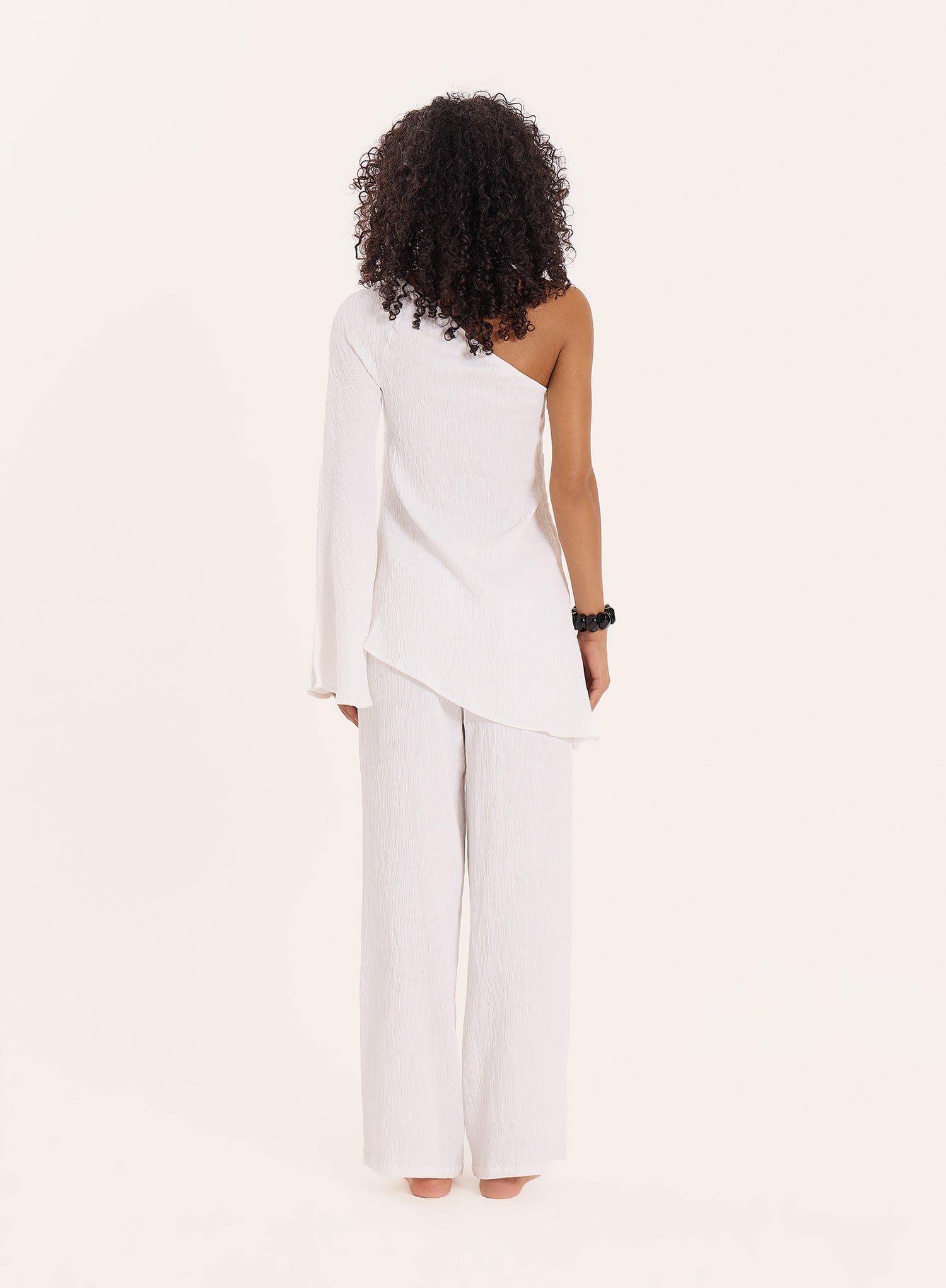 Cream Crinkle One Shoulder Flared Sleeve Top