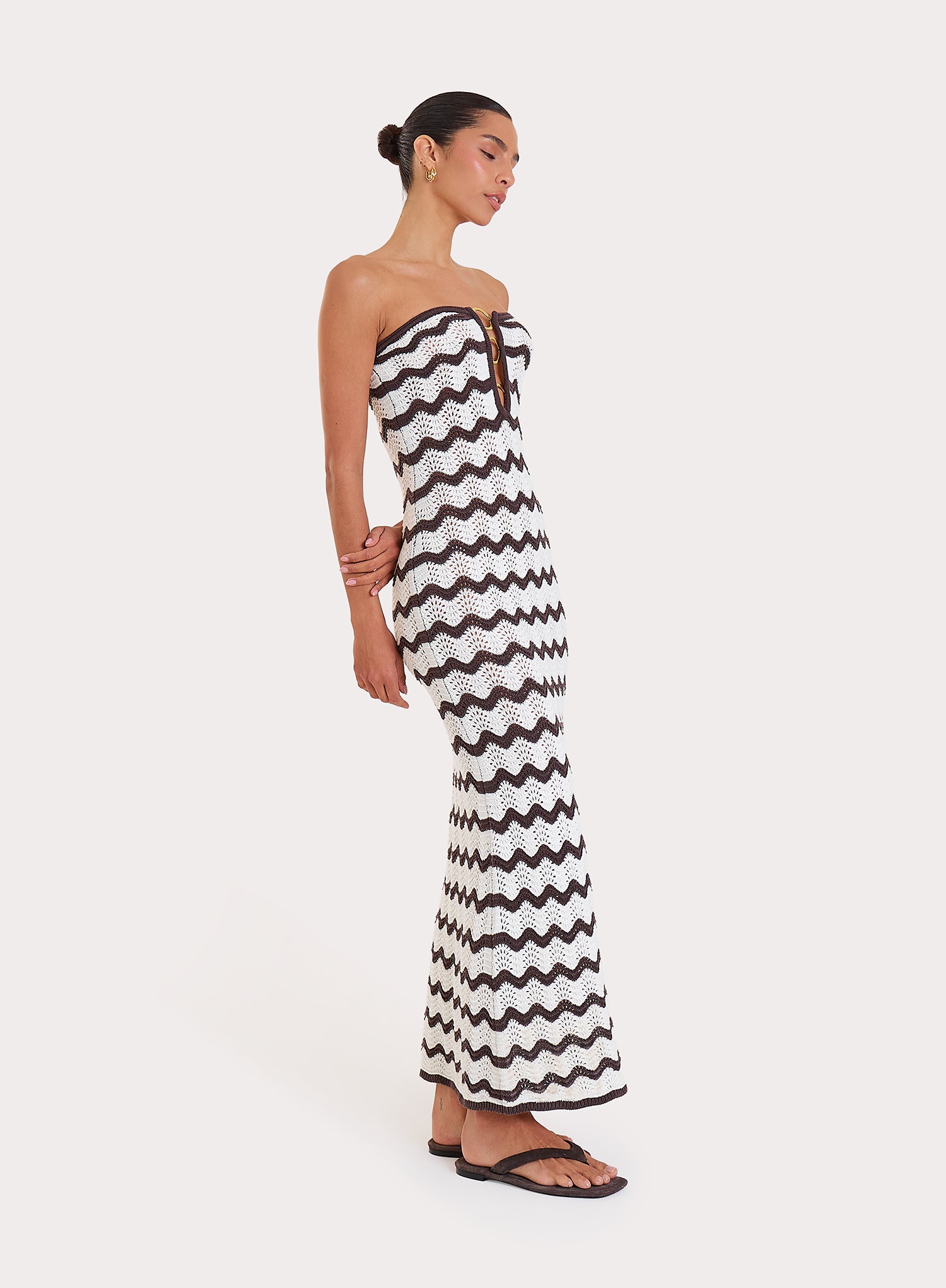 Chocolate And Cream Chevron Print Knitted Bandeau Maxi Dress