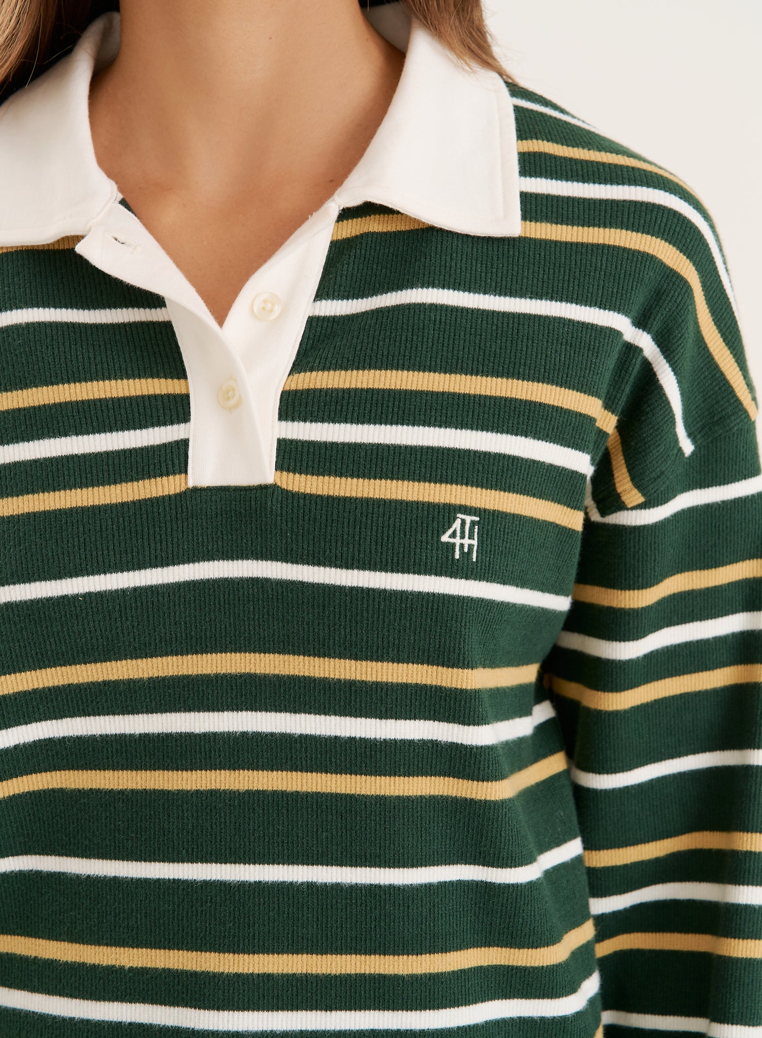 Green Striped Contrast Collar Rugby Top