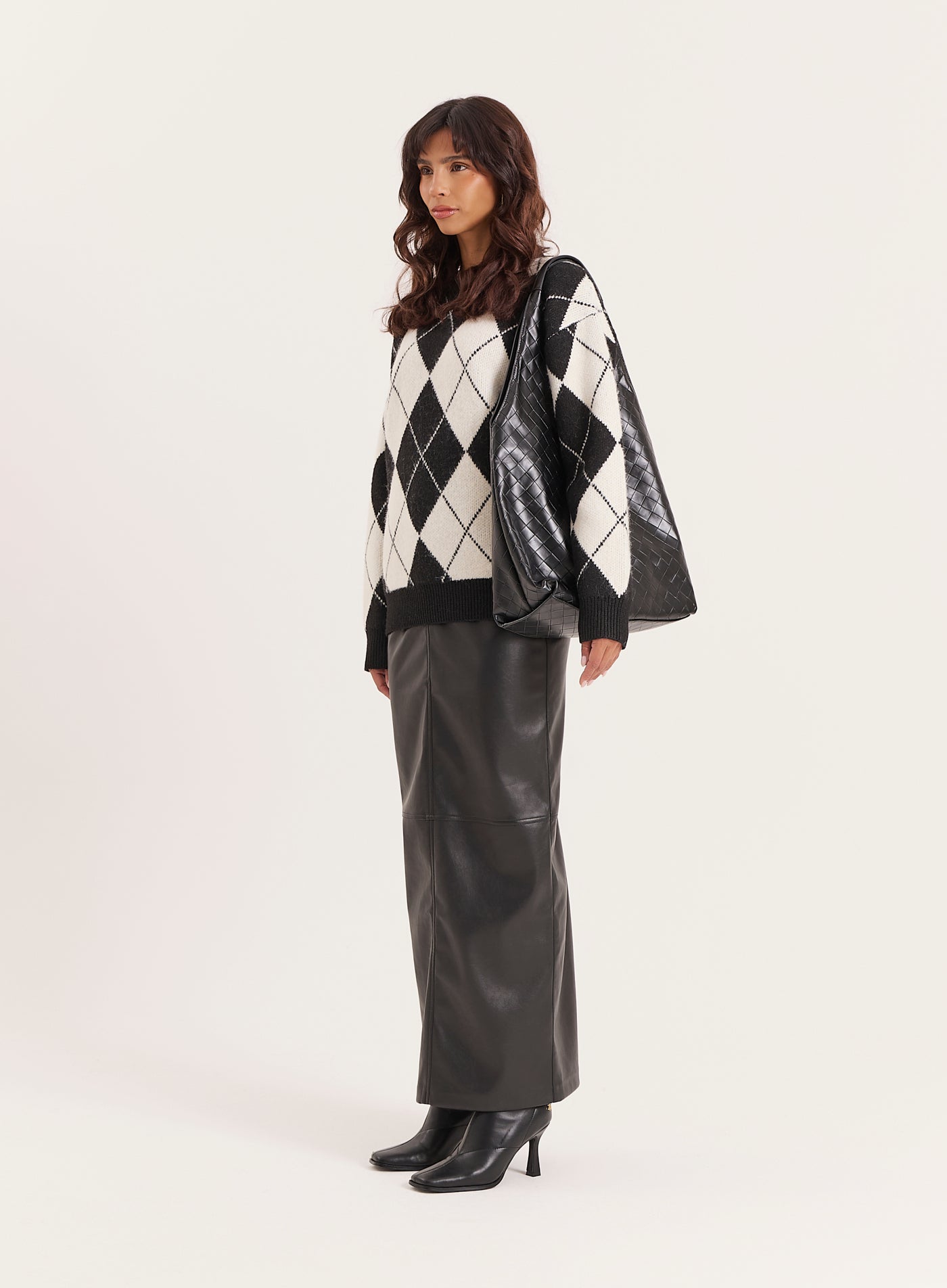 Black And Cream Knitted Argyle Crew Neck Jumper