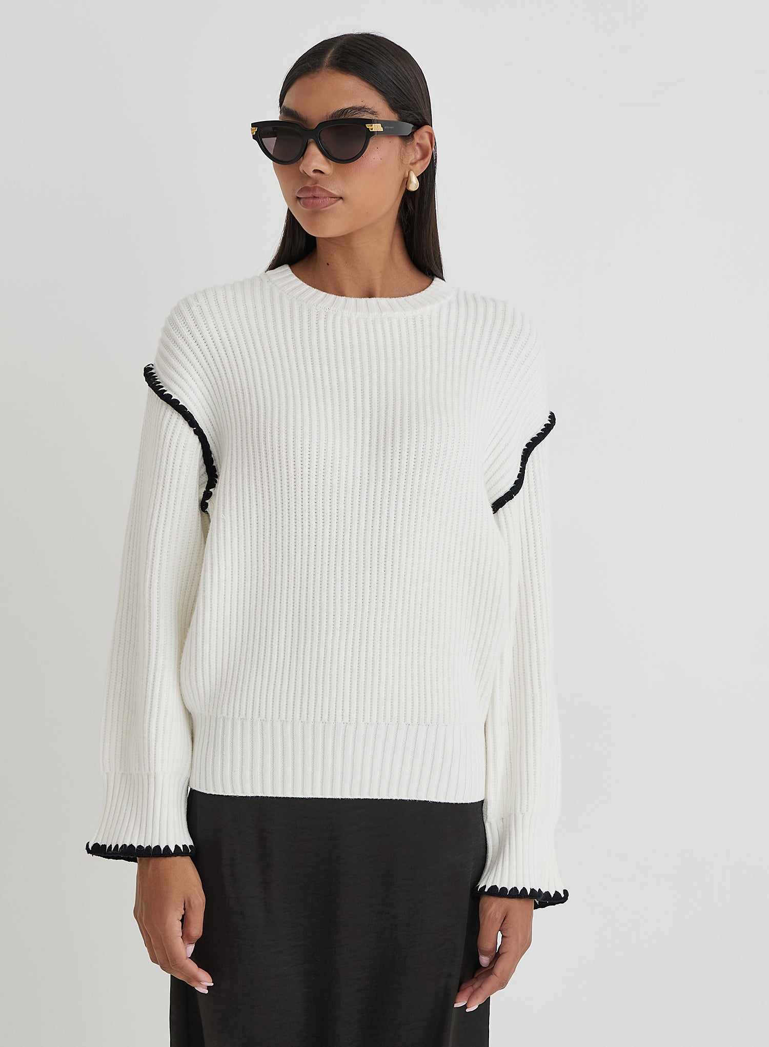 Cream Contrast Stitching Knit Jumper- Hollie