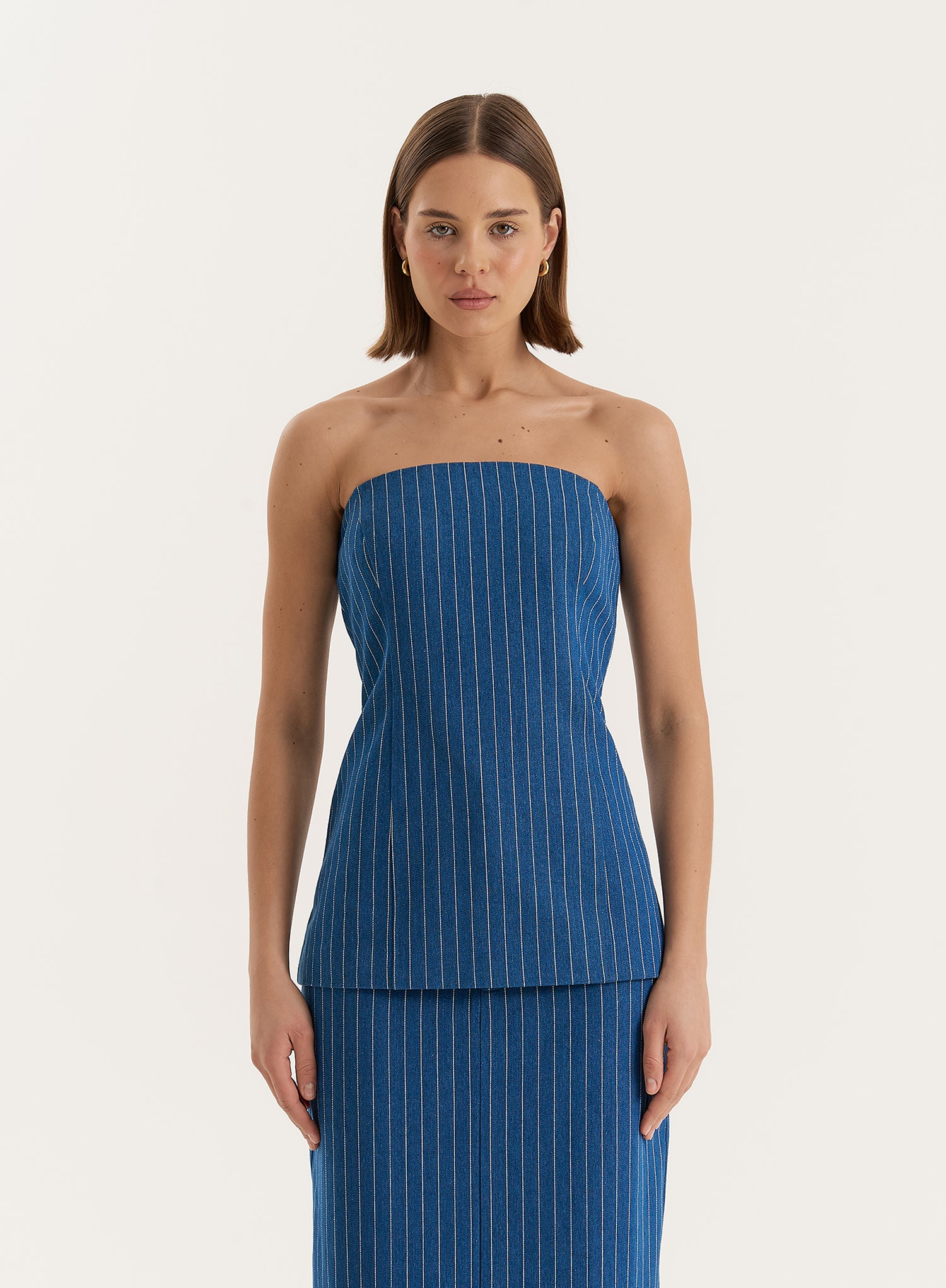 Blue Pinstripe Tailored Denim Corset- Dionne