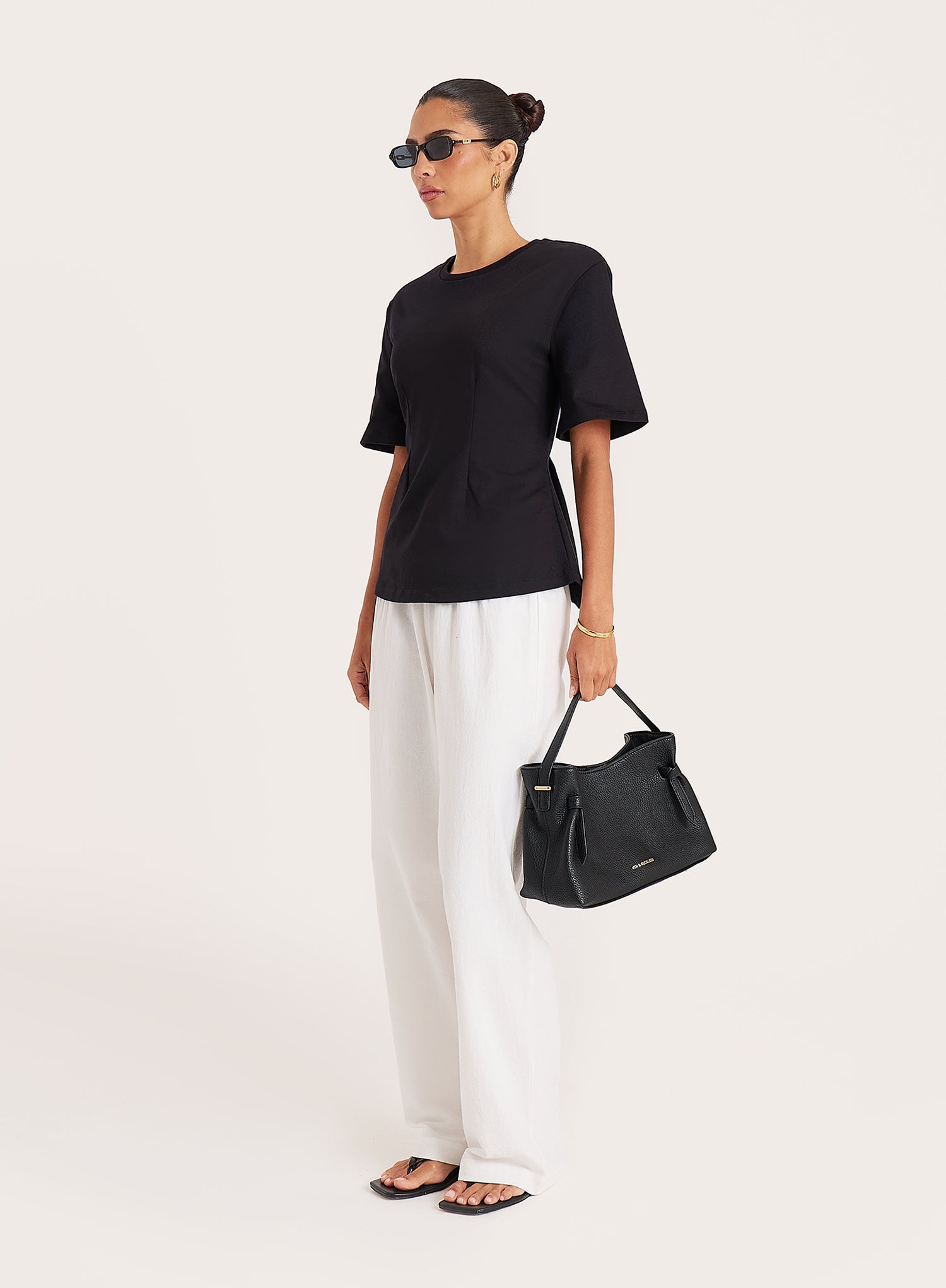 Black Shoulder Pad Cinched Waist T-Shirt