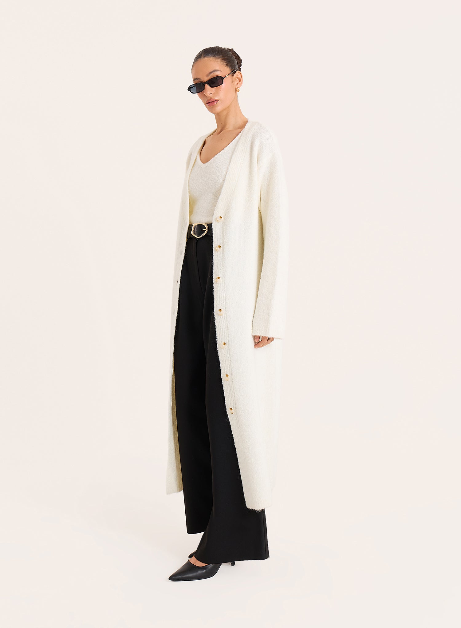 Cream Knitted Button Up Longline Cardigan