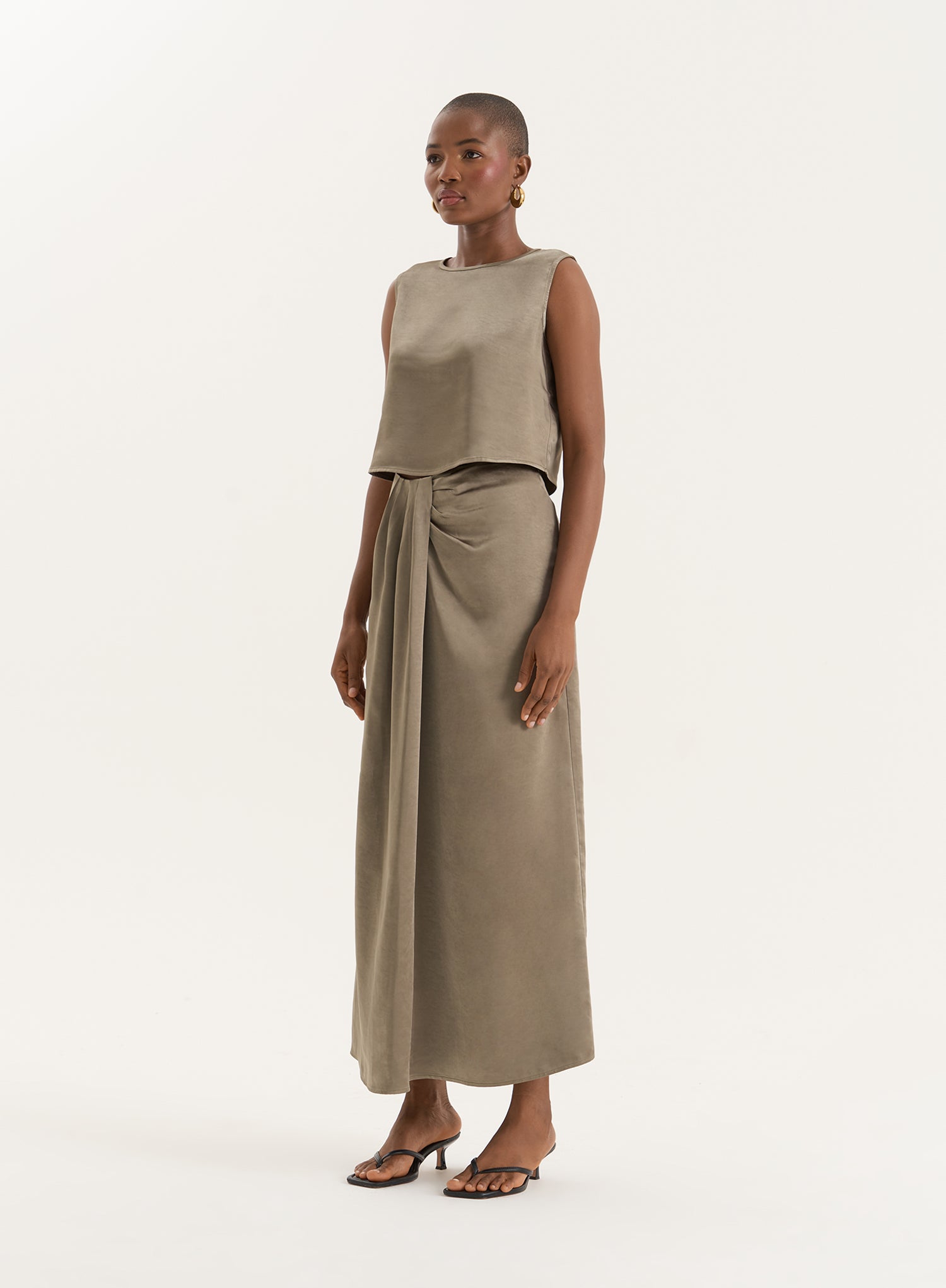 Olive Satin Maxi Skirt- Verona