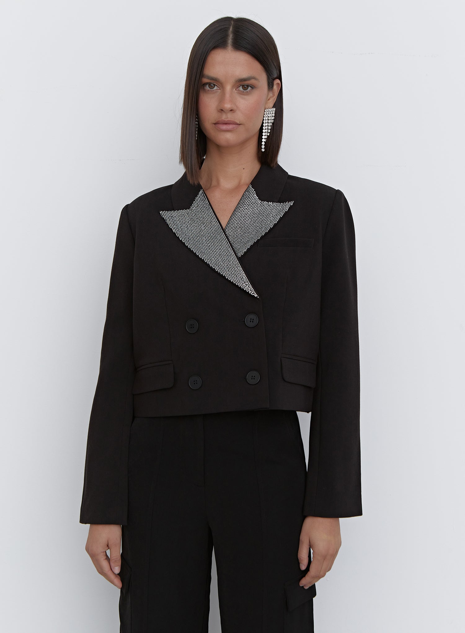 Black Diamante Collar Cropped Blazer - Tabitha