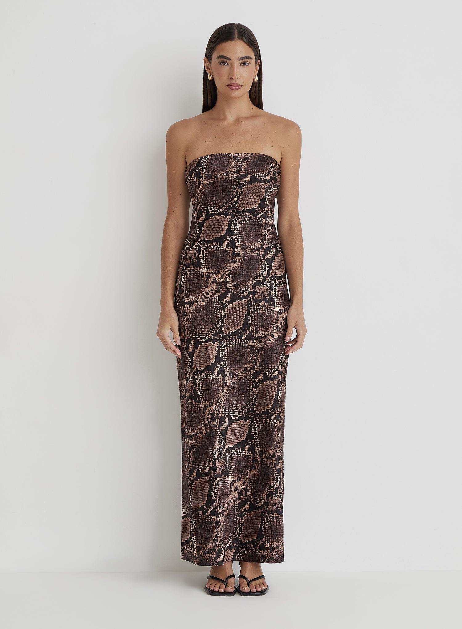 Snake Print Bandeau Satin Maxi Dress- Shona