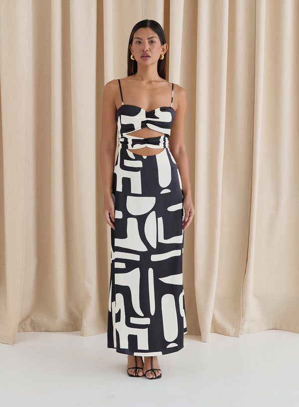 Abstract Print Satin Cut Out Detail Dress- Debora