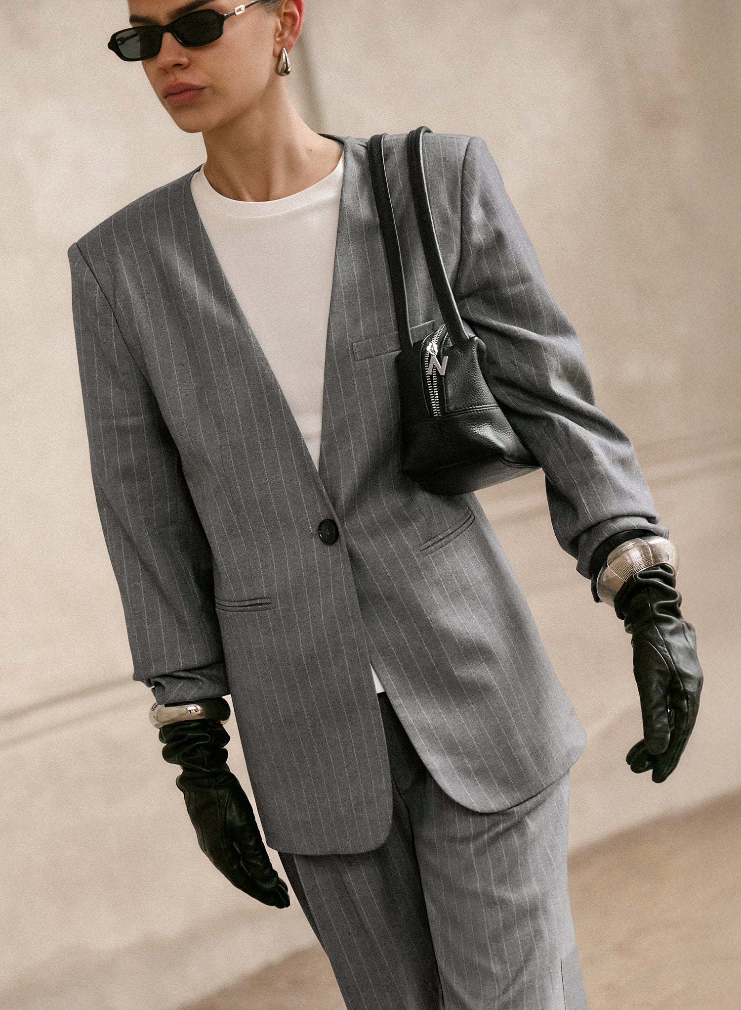 Grey Pinstripe Collarless Blazer