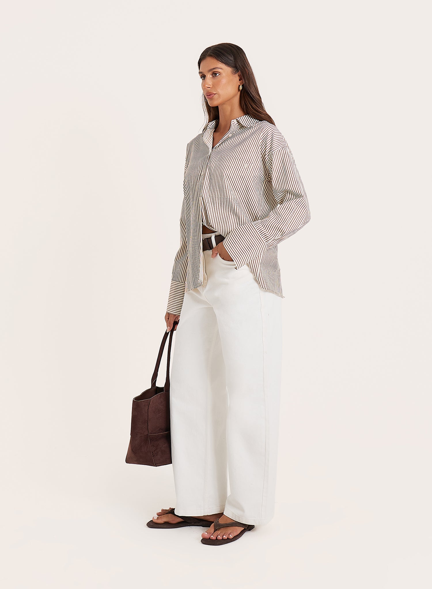 White And Beige Stripe Cotton Tie Back Detail Shirt