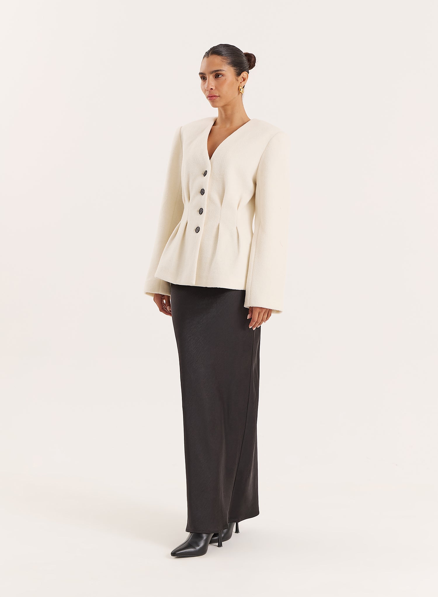 Cream Tailored Cinched Waist Wool Blend Blazer