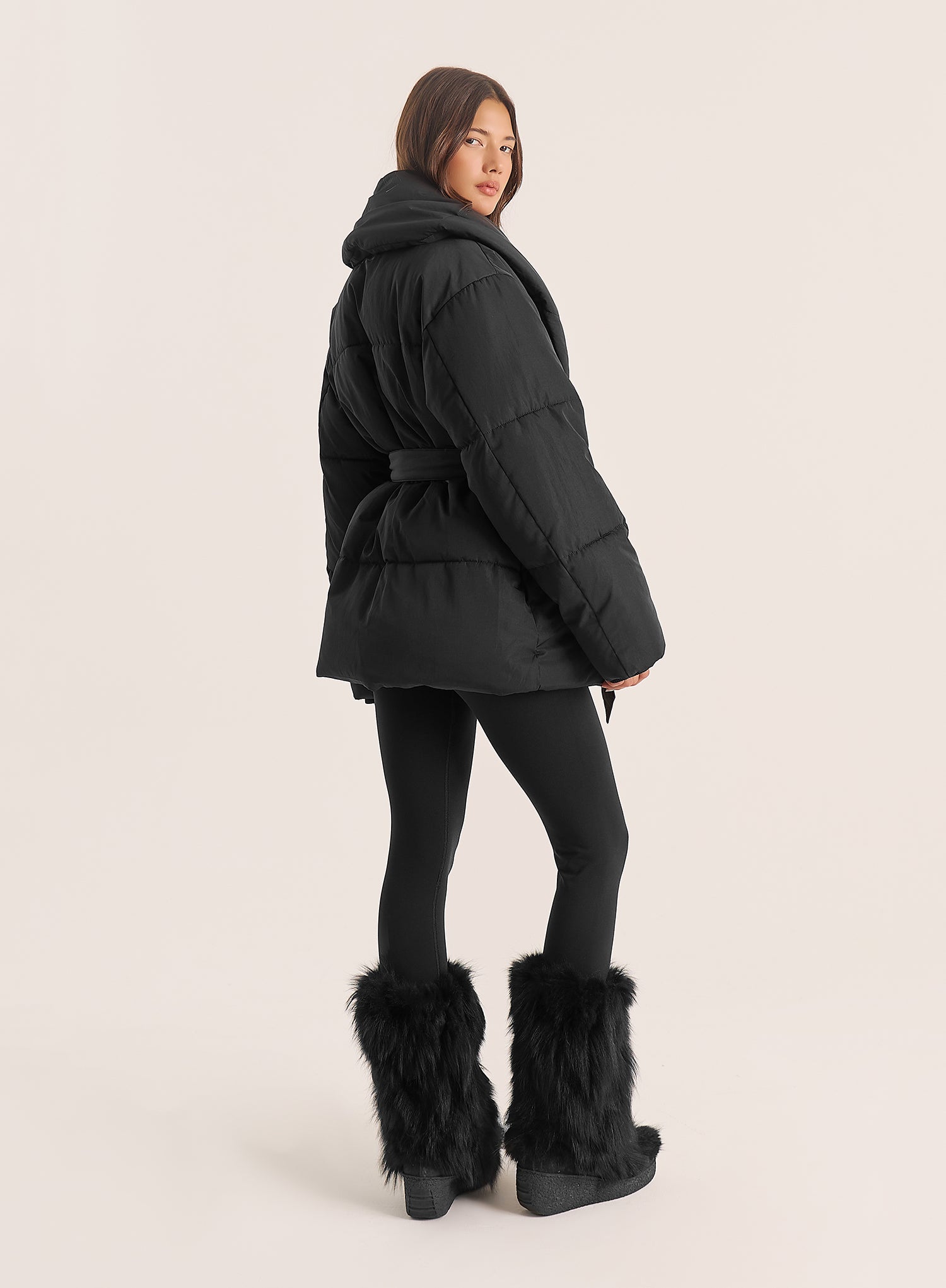 Black Wrap Waist Belted Puffer Coat